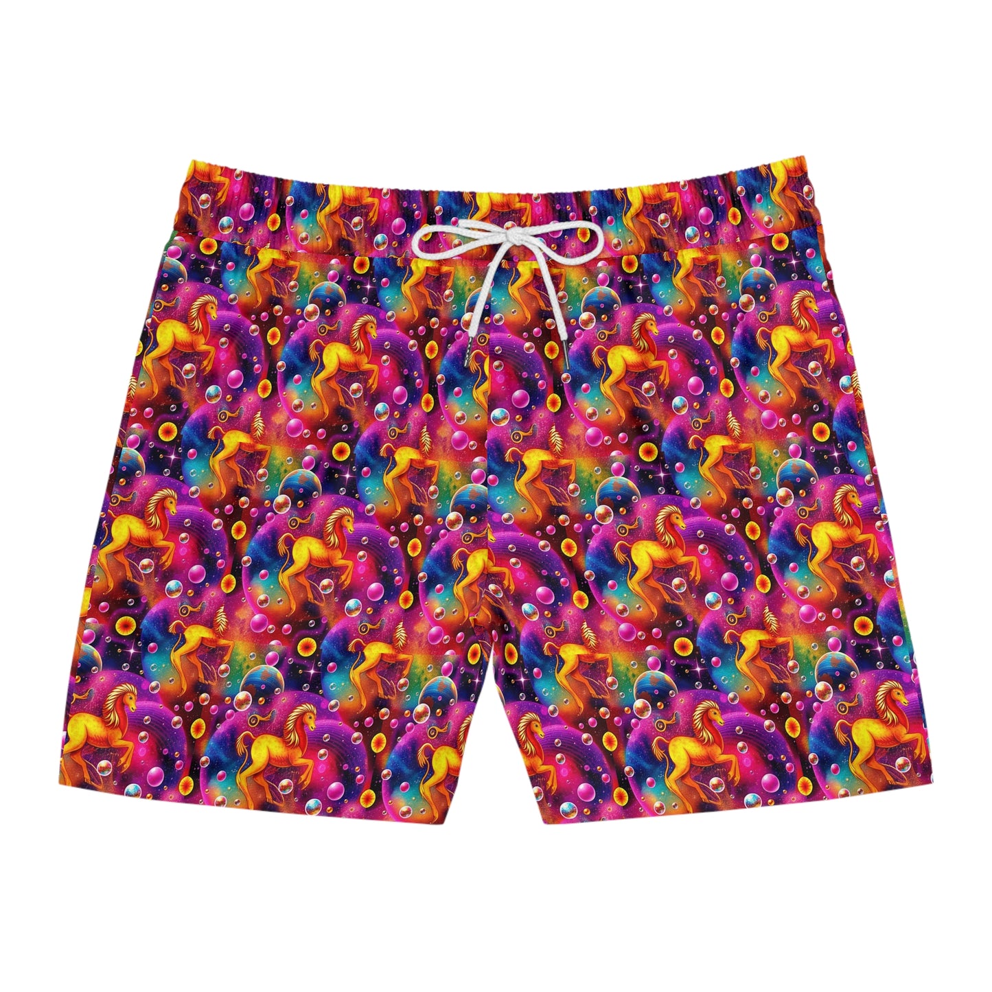 Men's Mid-Length Swim Shorts, (AOP), Virgo, Zodiac v1, Bubble Pattern