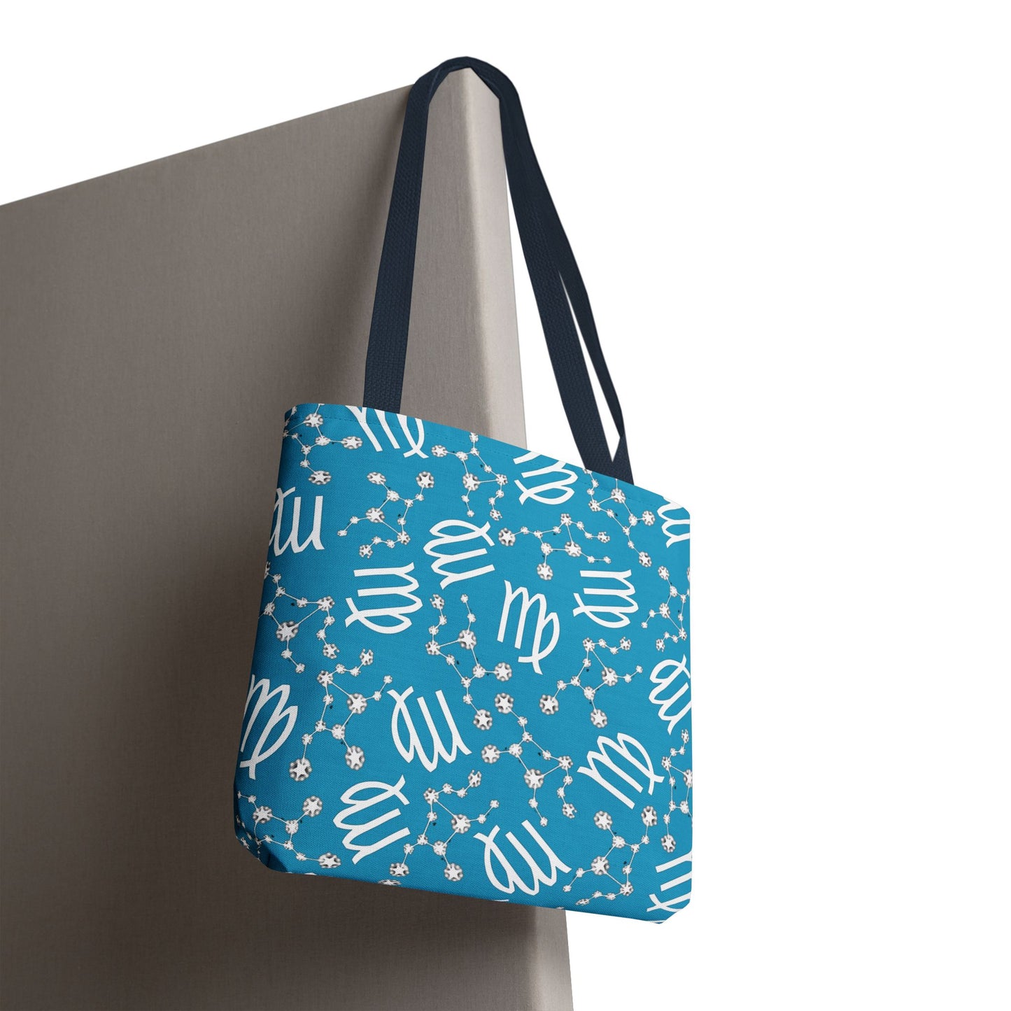 Tote Bag, Virgo Zodiac Sign, AOP, (Turquoise, White)