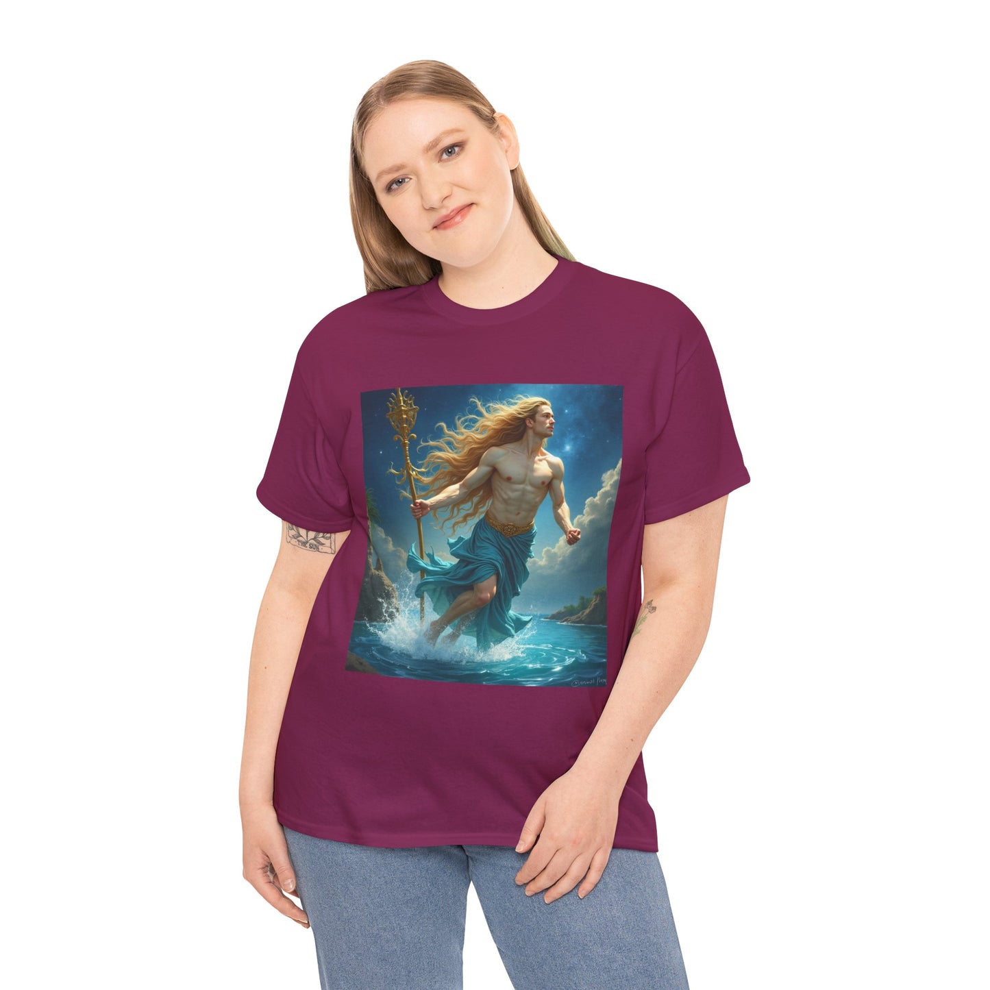 Unisex Heavy Cotton T-Shirt, Aquarius God 4v, Zodiac Design