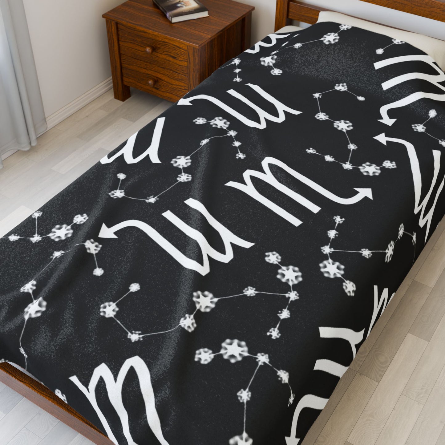 Velveteen Plush Blanket, Scorpio Zodiac Sign, Constellation & Symbol, Black, 100% polyester