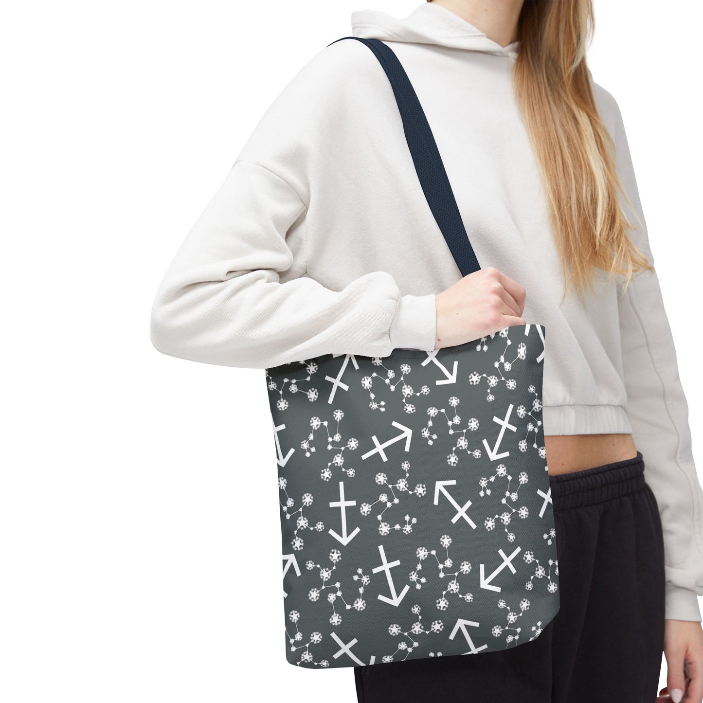 Tote Bag, Sagittarius Zodiac Sign, AOP, (Grey, White Print)