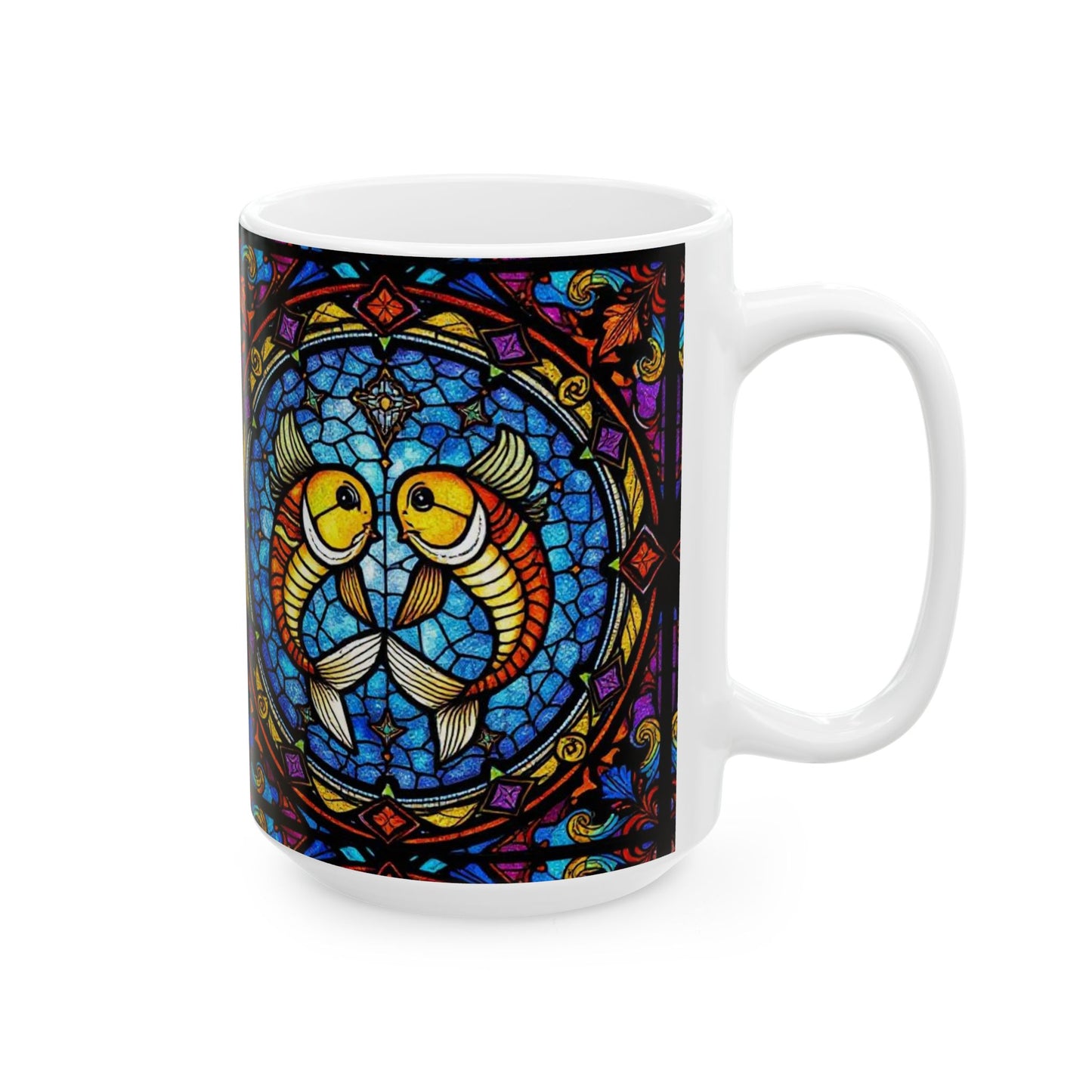 Ceramic Mug, (11oz, 15oz), Ceramic Coffee Mug, AOP, Glass Design, Pisces Zodiac Sign