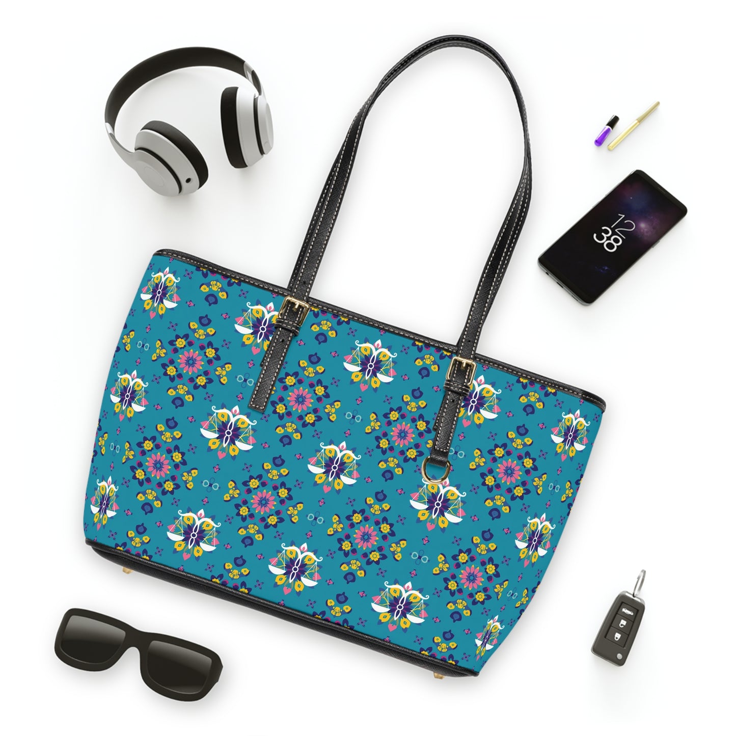 Leather Shoulder Bag, Libra, Zodiac v1, Flower Pattern