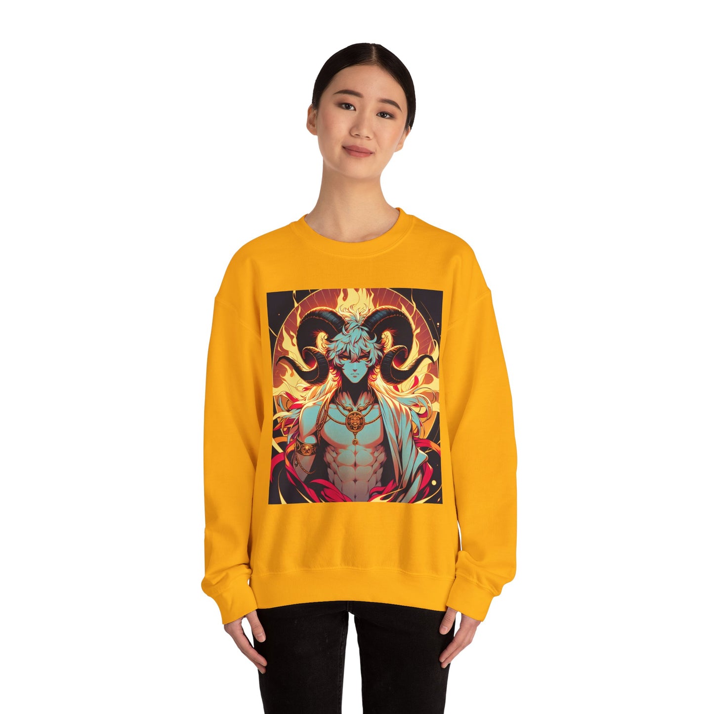 Unisex Heavy Blend™ Crewneck Sweatshirt, Anime Fire Aries, Zodiac Design