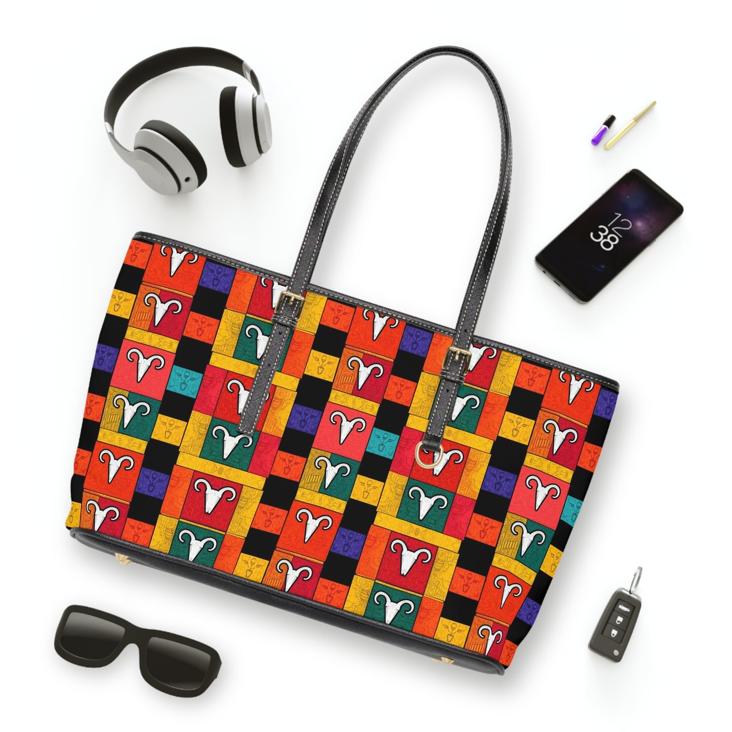 Leather Shoulder Bag, Aries, Zodiac v1, Shapes Pattern