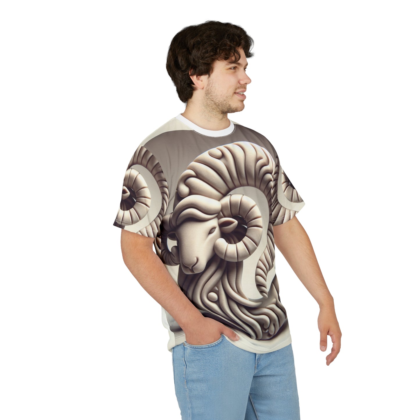 Unisex Cut & Sew T-Shirt (AOP), Stone Carving, Aries Zodiac Design, Regular fit, 100% Polyester