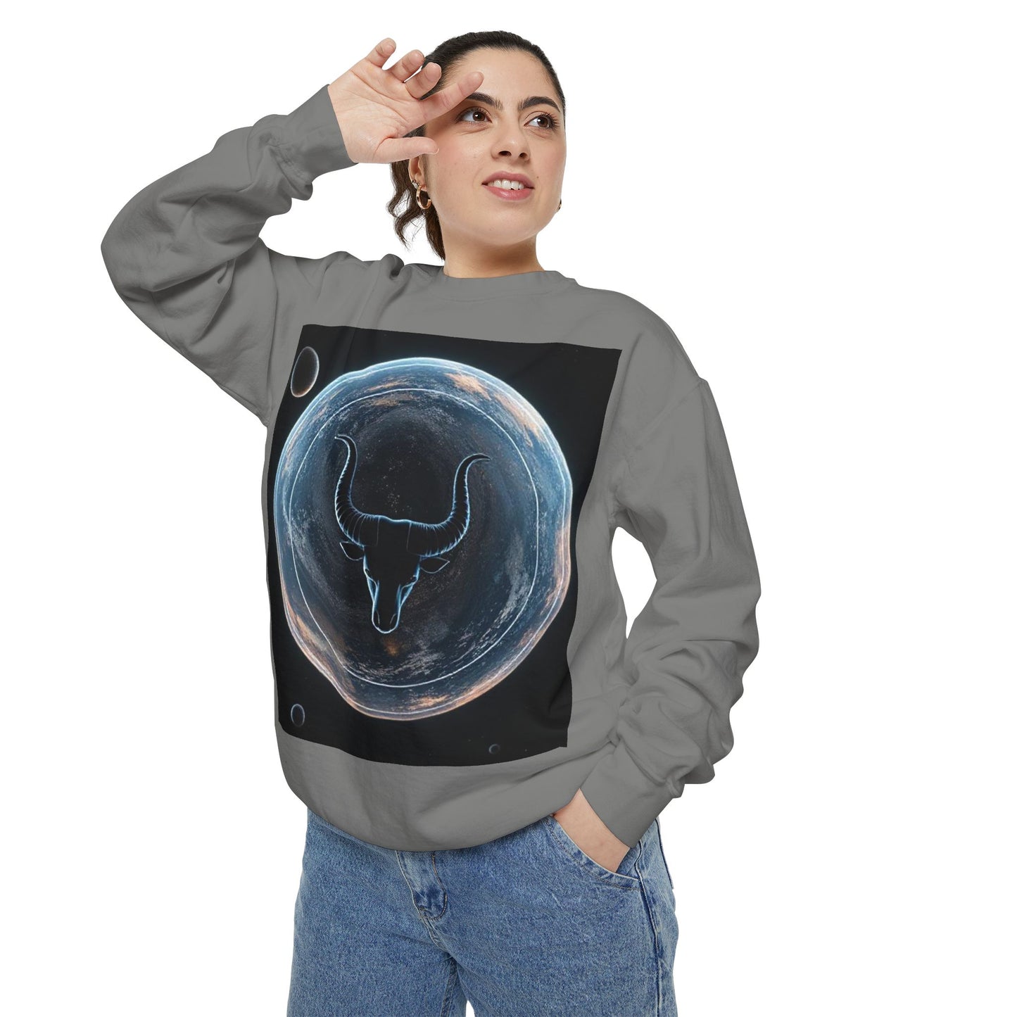 Garment-Dyed Sweatshirt, Unisex, Space Animal Design, Taurus