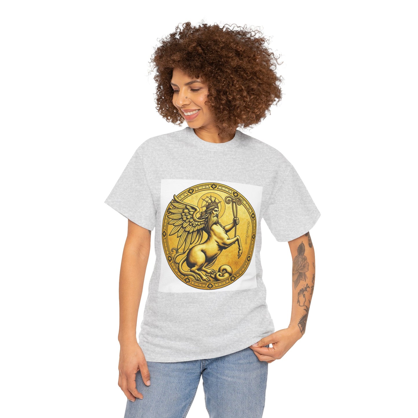 Unisex Heavy Cotton T-Shirt, Golden Angel Coin v1, Virgo Zodiac Design