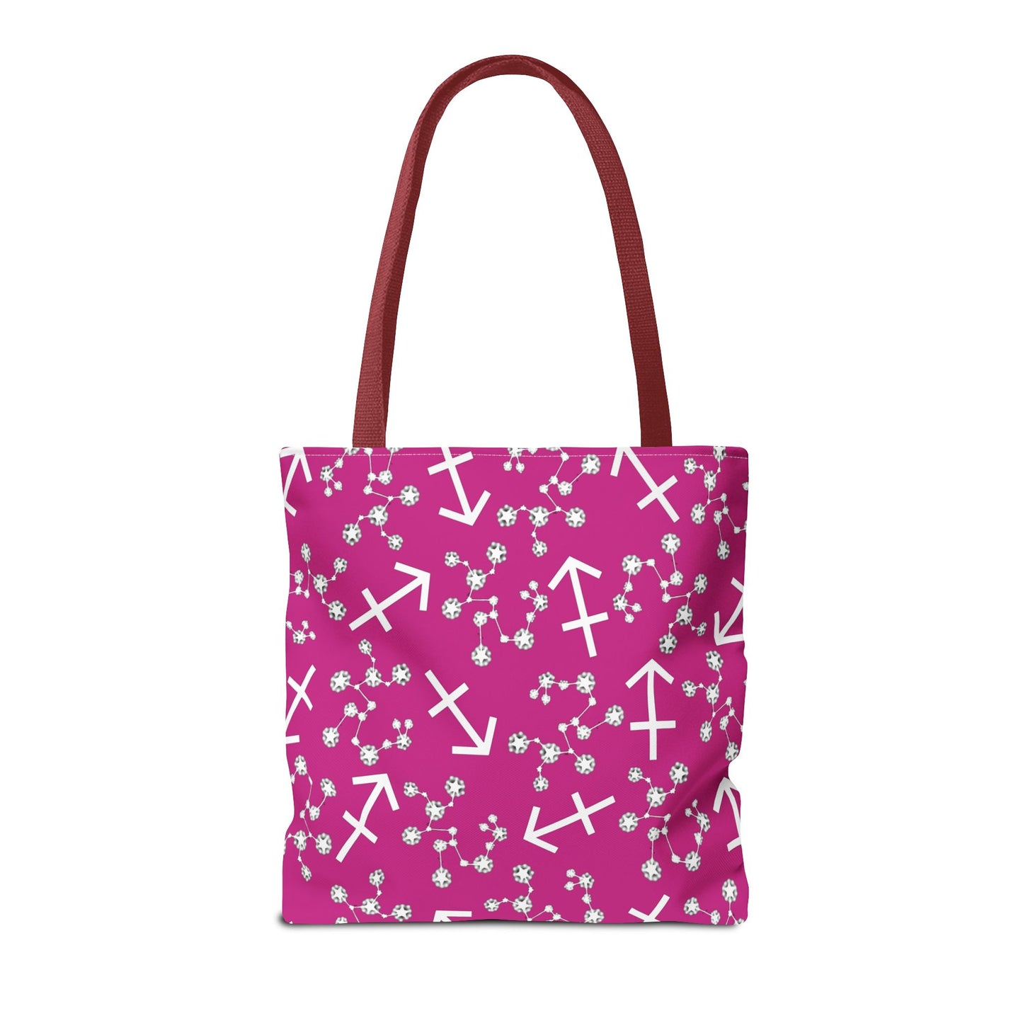 Tote Bag, Sagittarius Zodiac Sign, AOP, (Pink, White Print)
