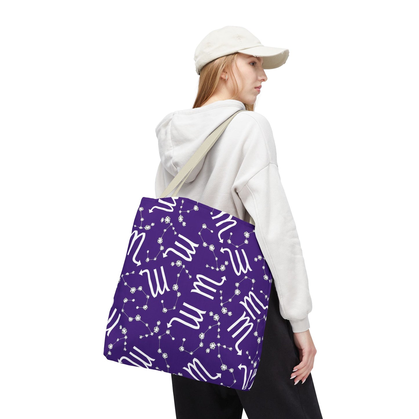 Tote Bag, Scorpio Zodiac Sign, AOP, (Purple, White)