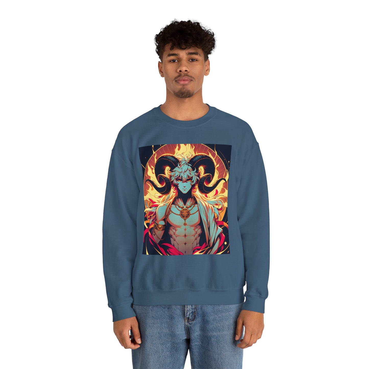 Unisex Heavy Blend™ Crewneck Sweatshirt, Anime Fire Aries, Zodiac Design