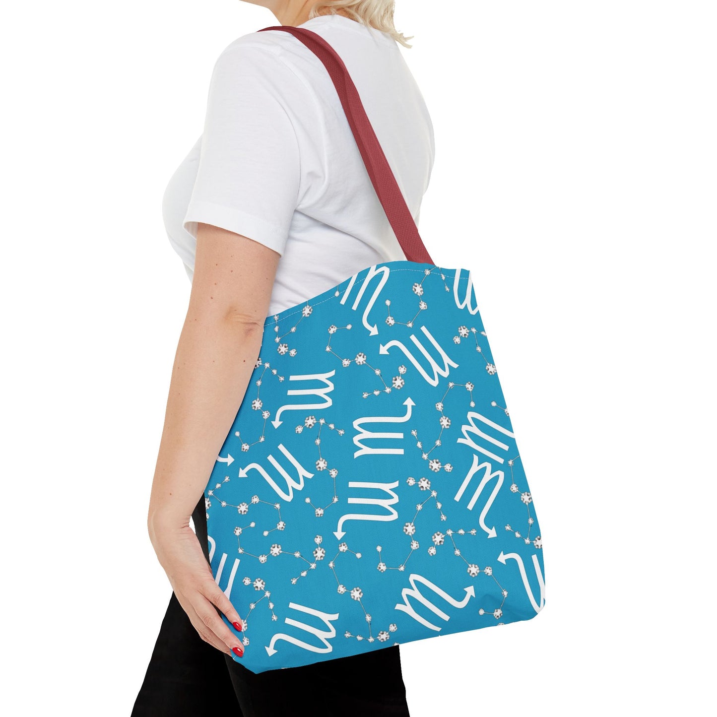 Tote Bag, Scorpio Zodiac Sign, AOP, (Turquoise, White)