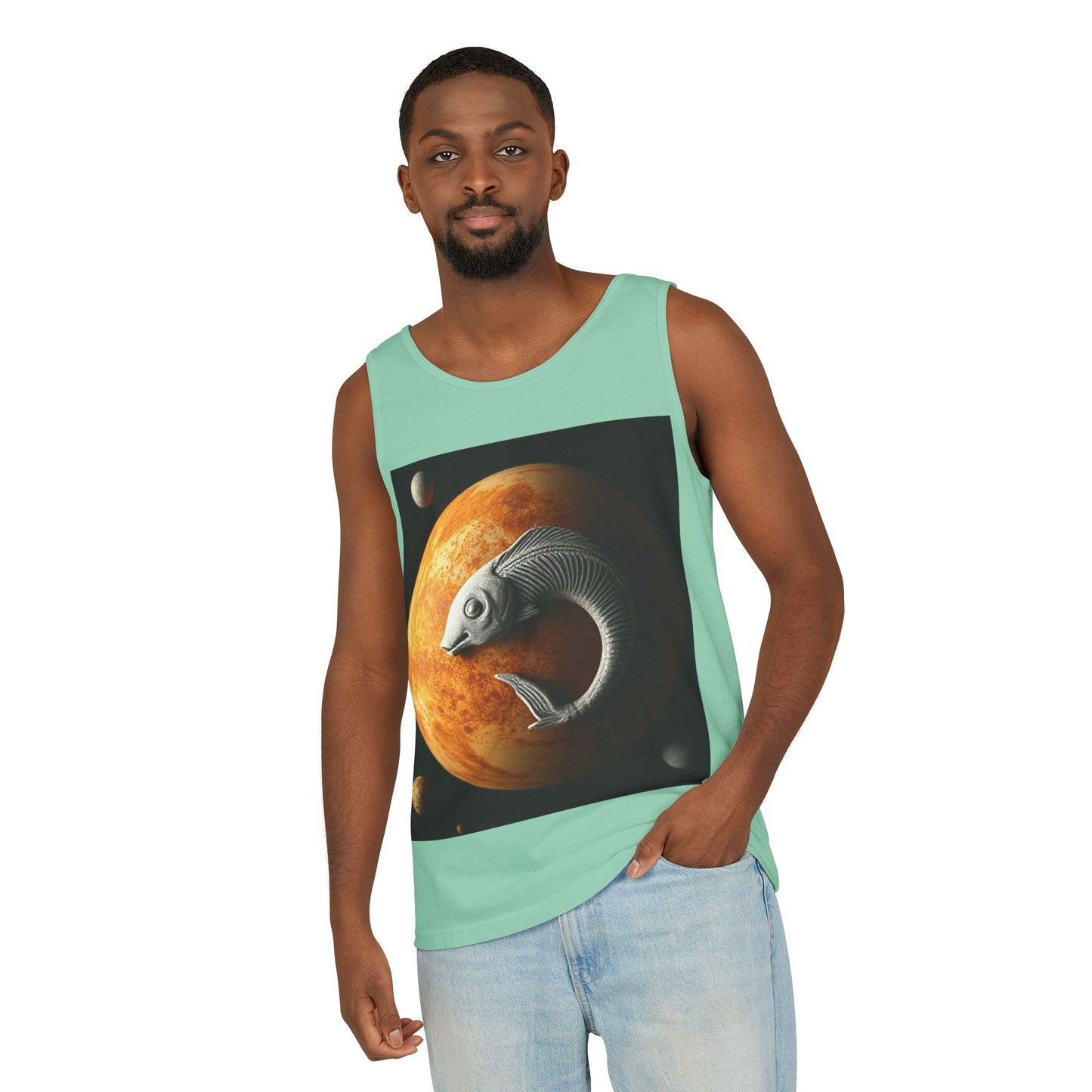 Unisex Garment-Dyed, Tank Top, Pisces Design, Space Animal, 100% US cotton