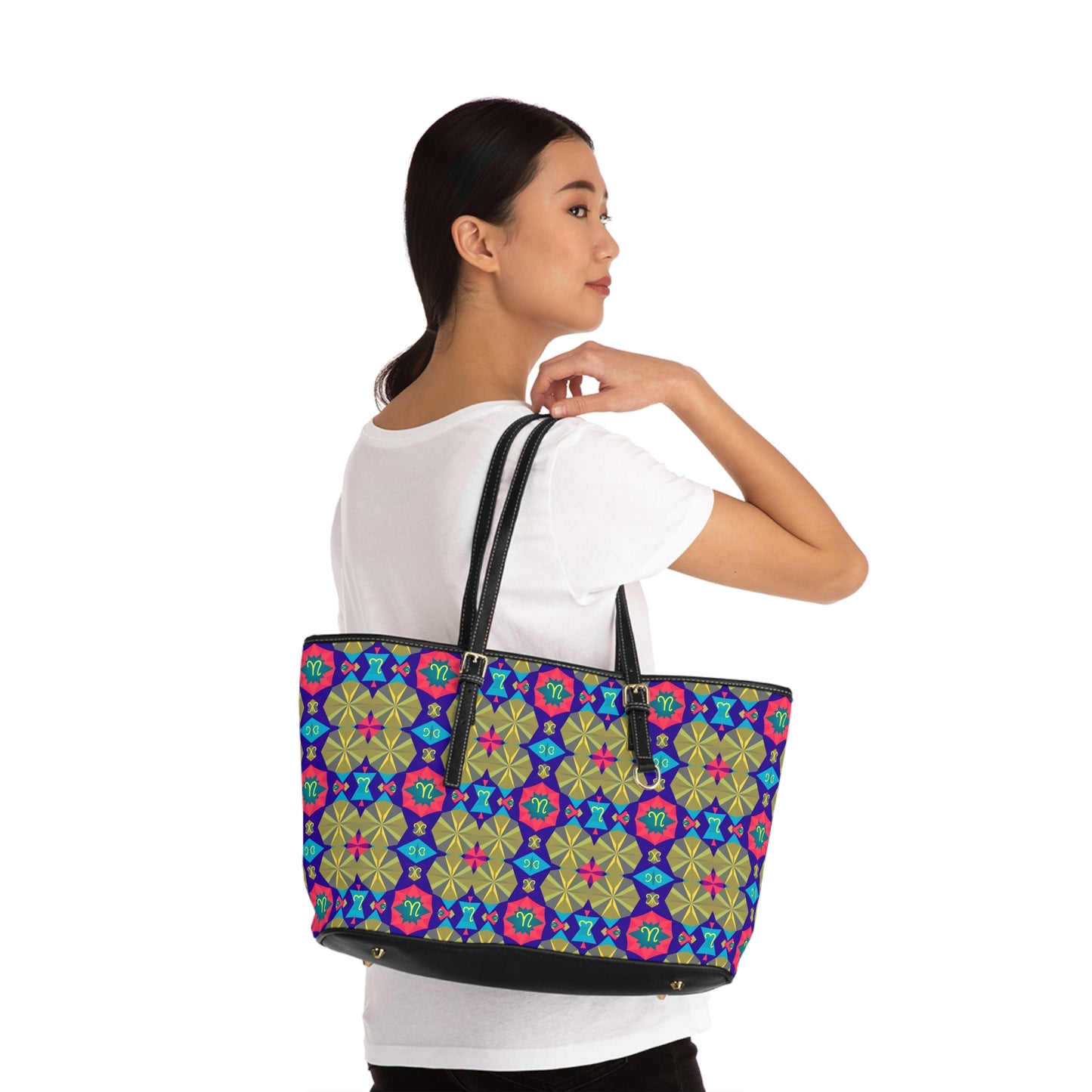 Leather Shoulder Bag, Aquarius, Zodiac v3, Shapes Pattern
