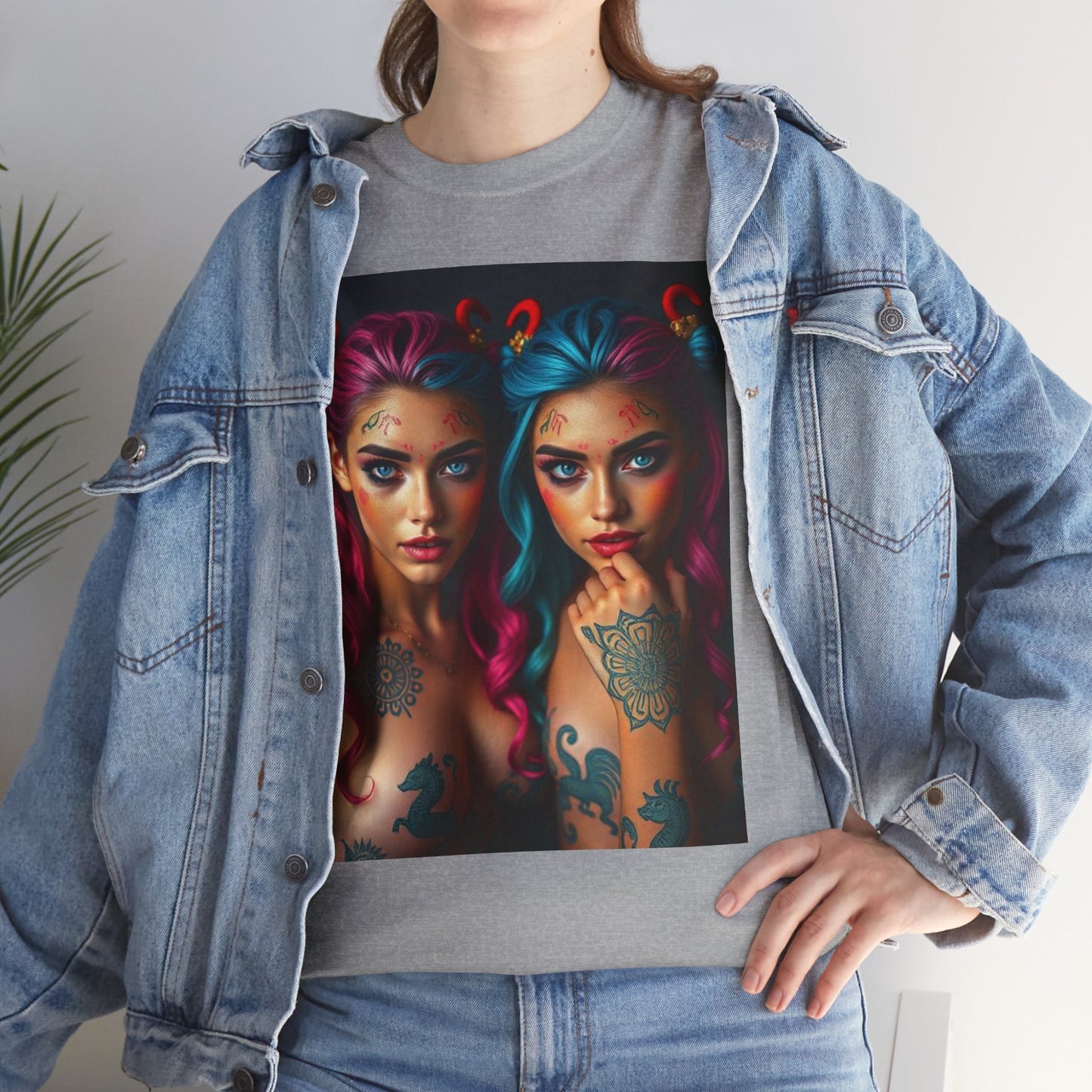 Unisex Heavy Cotton T-Shirt, Gemini, Zodiac v1, Sexy Art