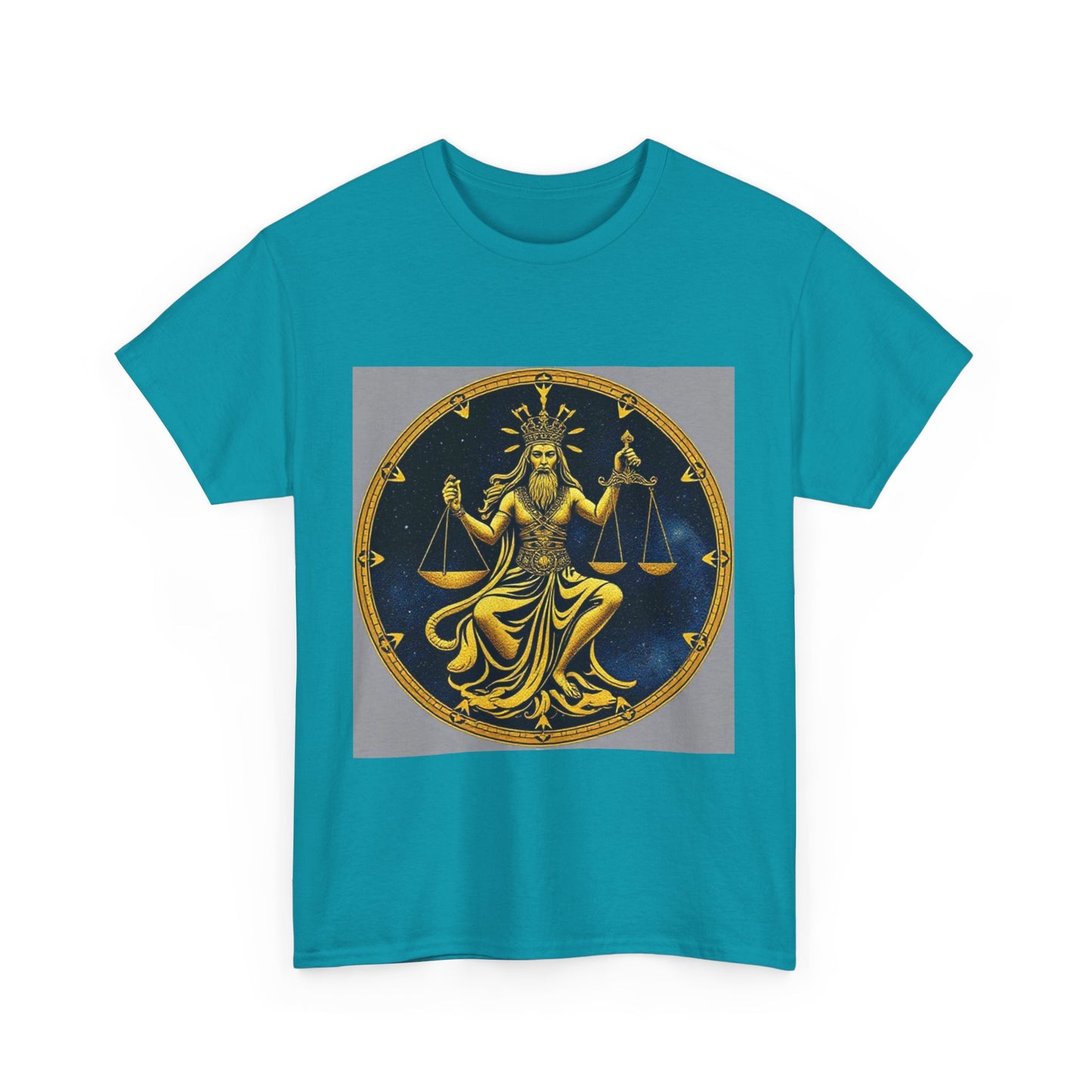 Unisex Heavy Cotton T-Shirt, Gold v1, Libra God, Zodiac Design