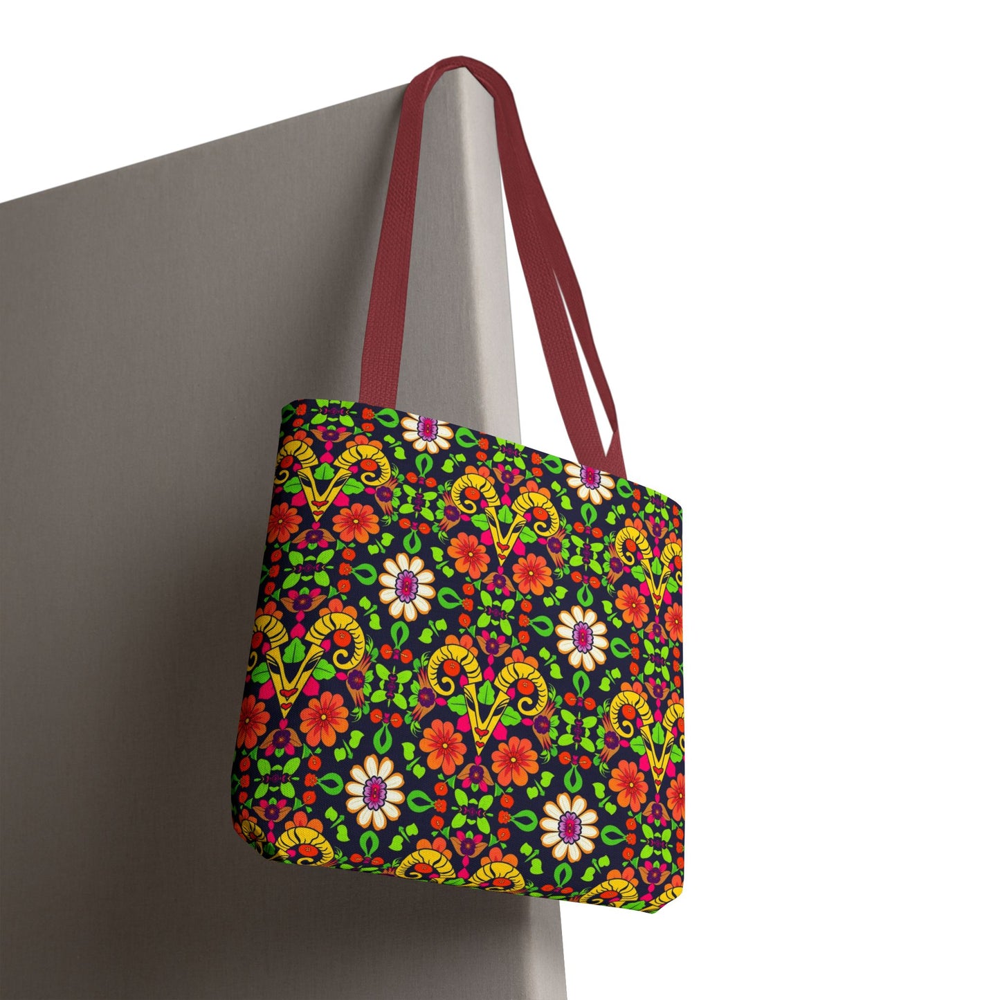 Tote Bag, (AOP), Aries, Zodiac, Flower Pattern