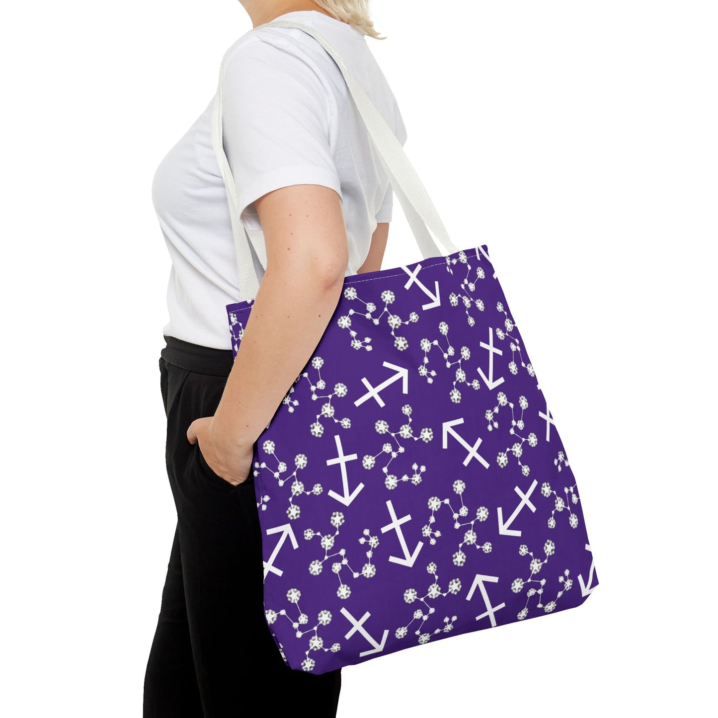 Tote Bag, Sagittarius Zodiac Sign, AOP, (Purple, White Print)