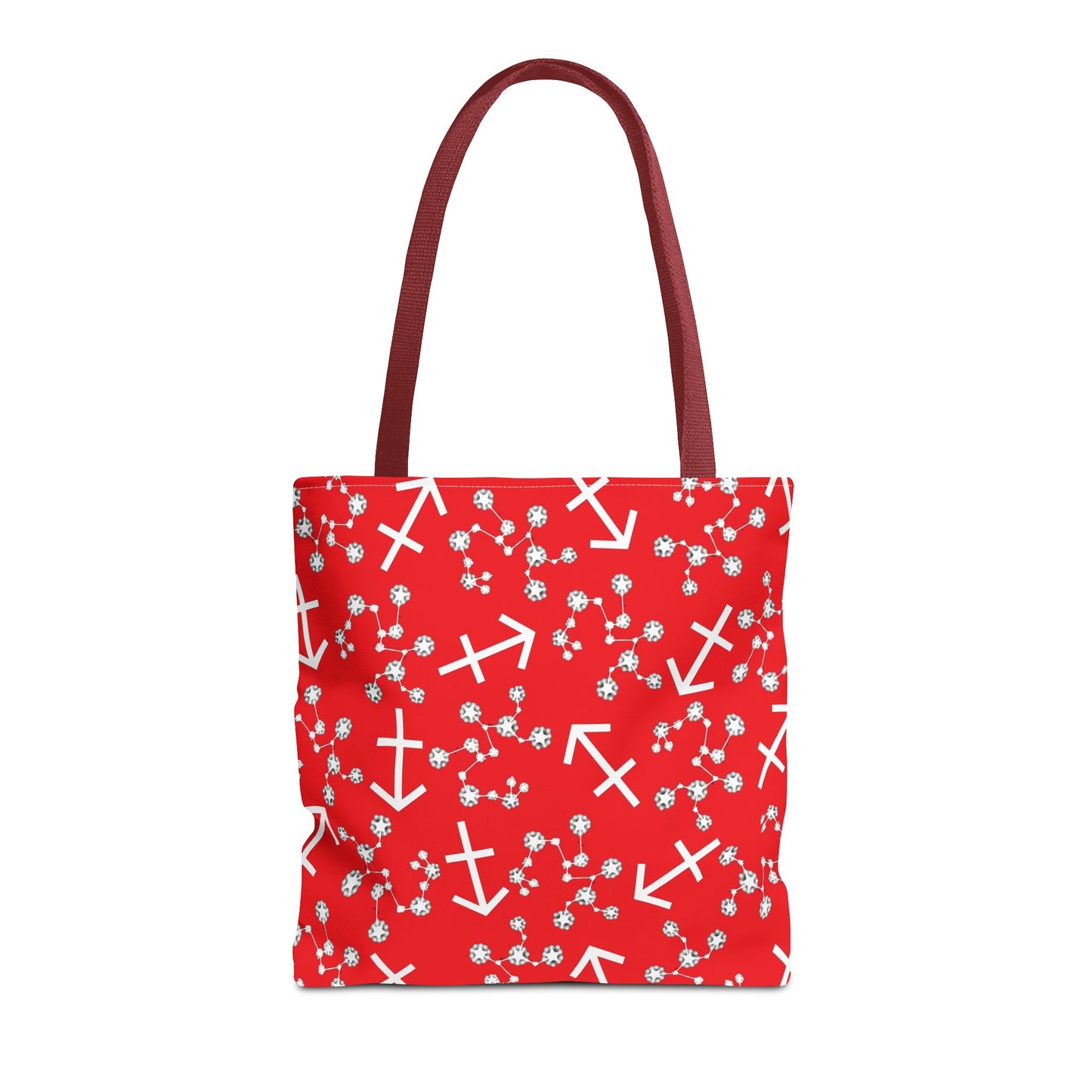 Tote Bag, Sagittarius Zodiac Sign, AOP, (Red, White Print)