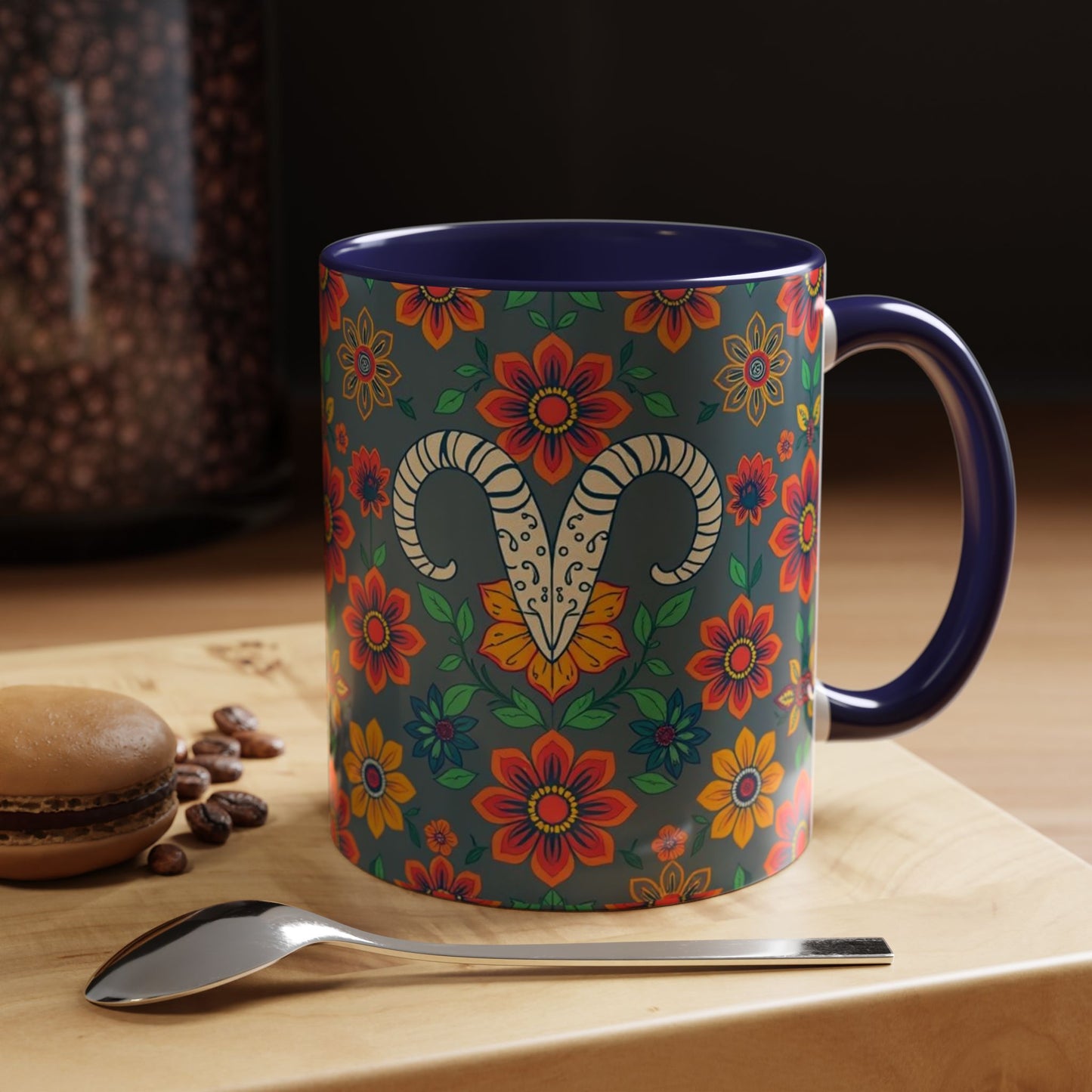 Accent Coffee Mug, Aries, Zodiac v4, Flower Pattern, (11, 15oz)