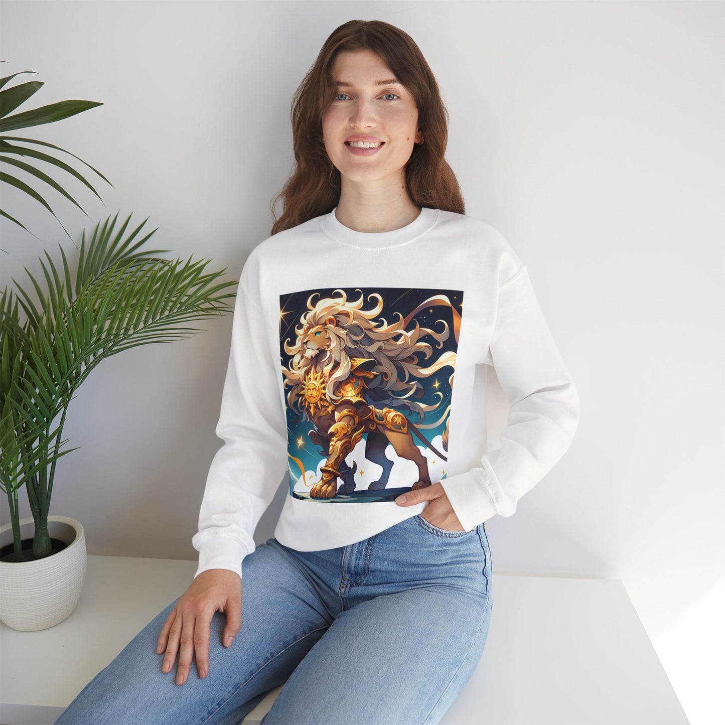 Unisex Heavy Blend™ Crewneck Sweatshirt,Cool Lion with White Hair, Leo Zodiac Design