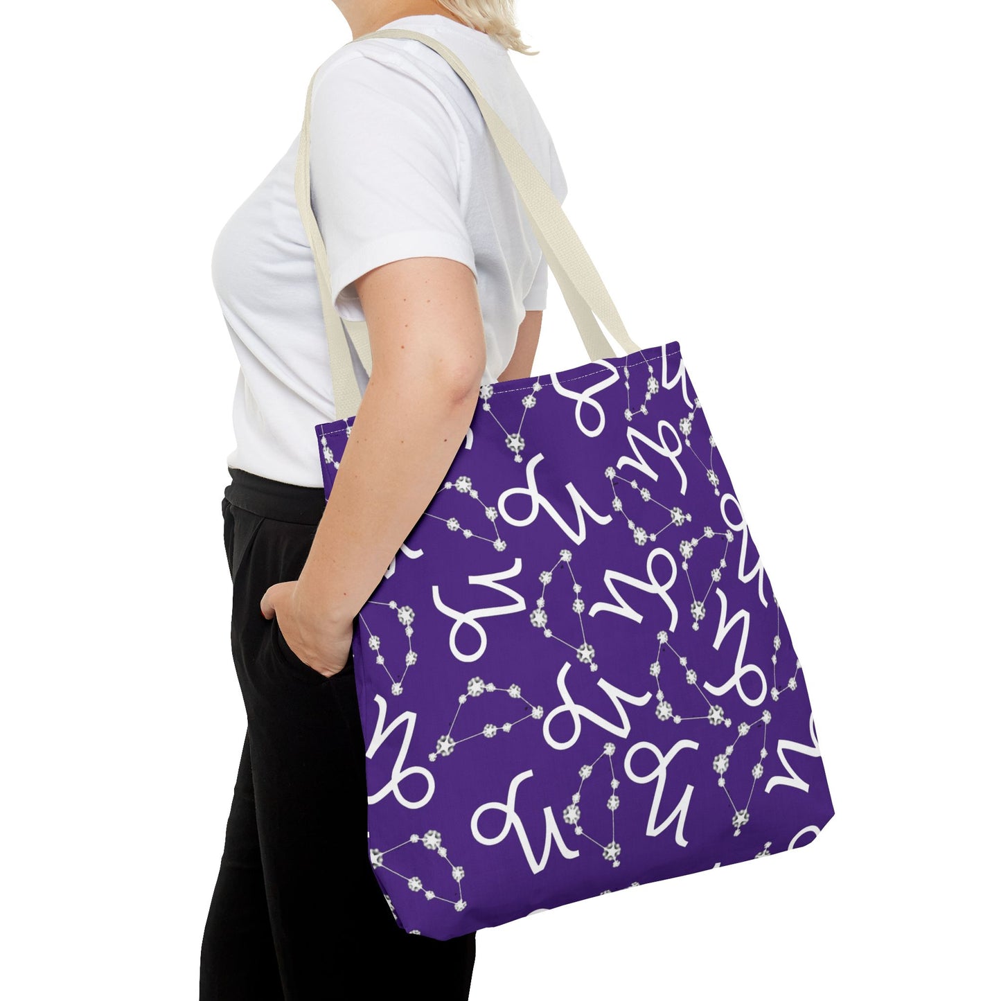 Tote Bag, Capricorn Zodiac Sign, AOP, (Purple, White)