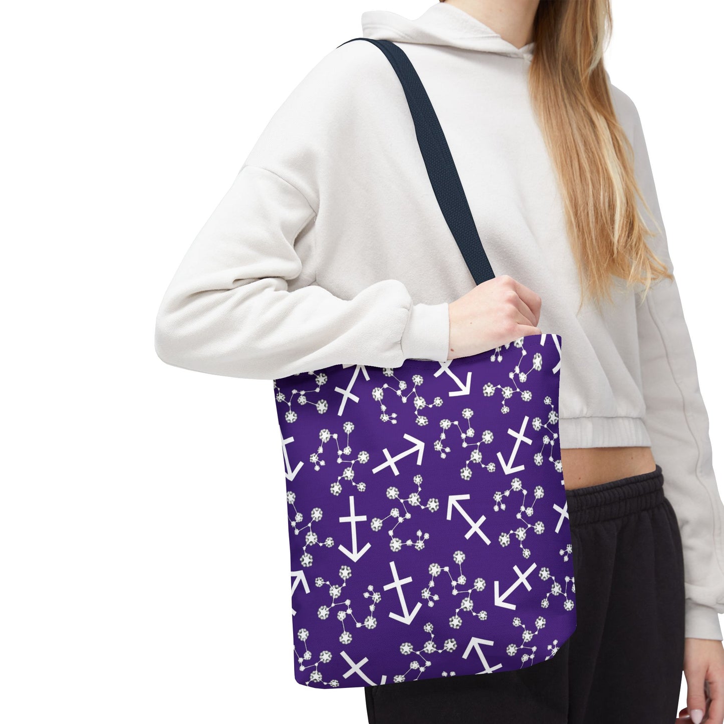 Tote Bag, Sagittarius Zodiac Sign, AOP, (Purple, White Print)