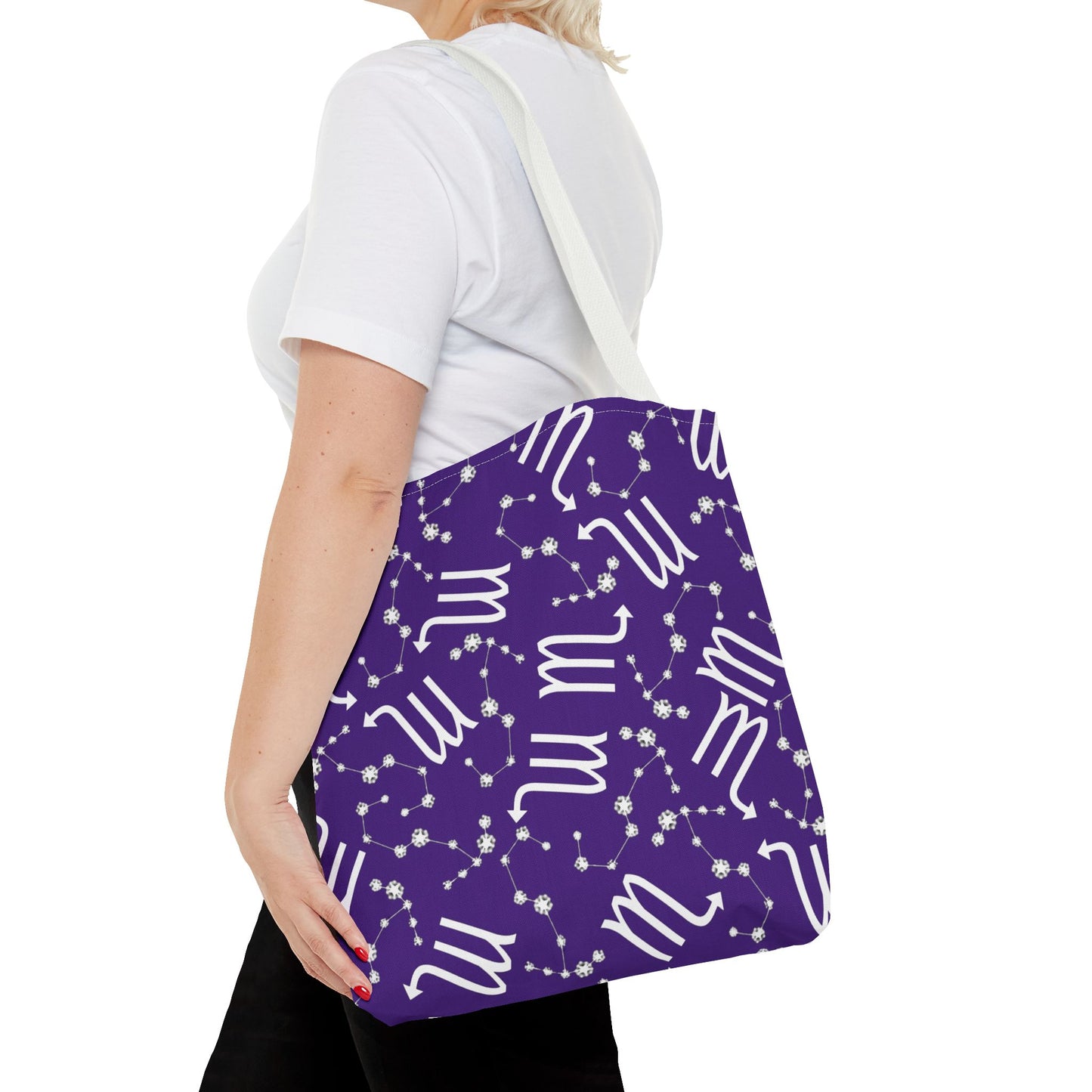 Tote Bag, Scorpio Zodiac Sign, AOP, (Purple, White)