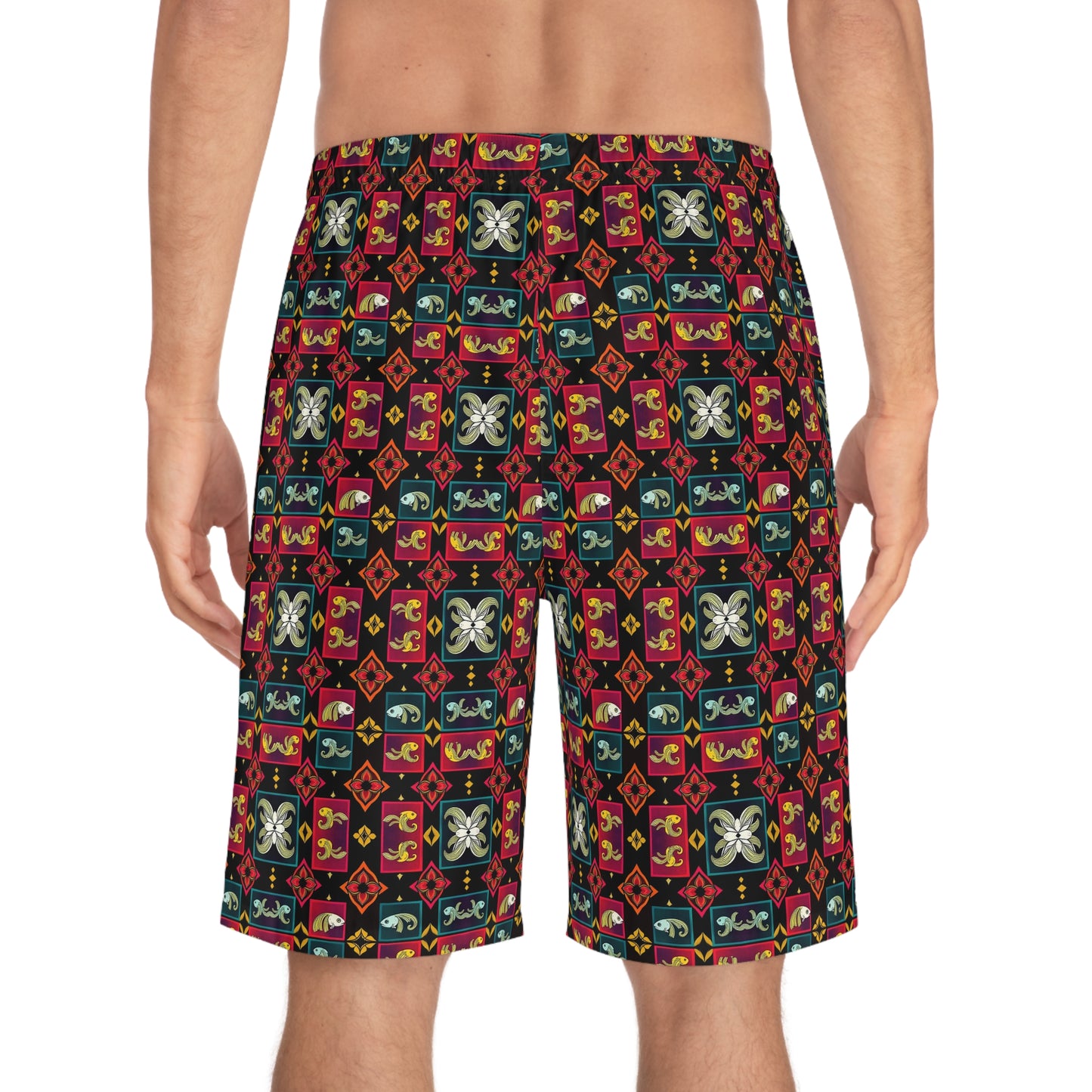 Men's Board Shorts, (AOP), Pisces, Zodiac v1, Shape Pattern