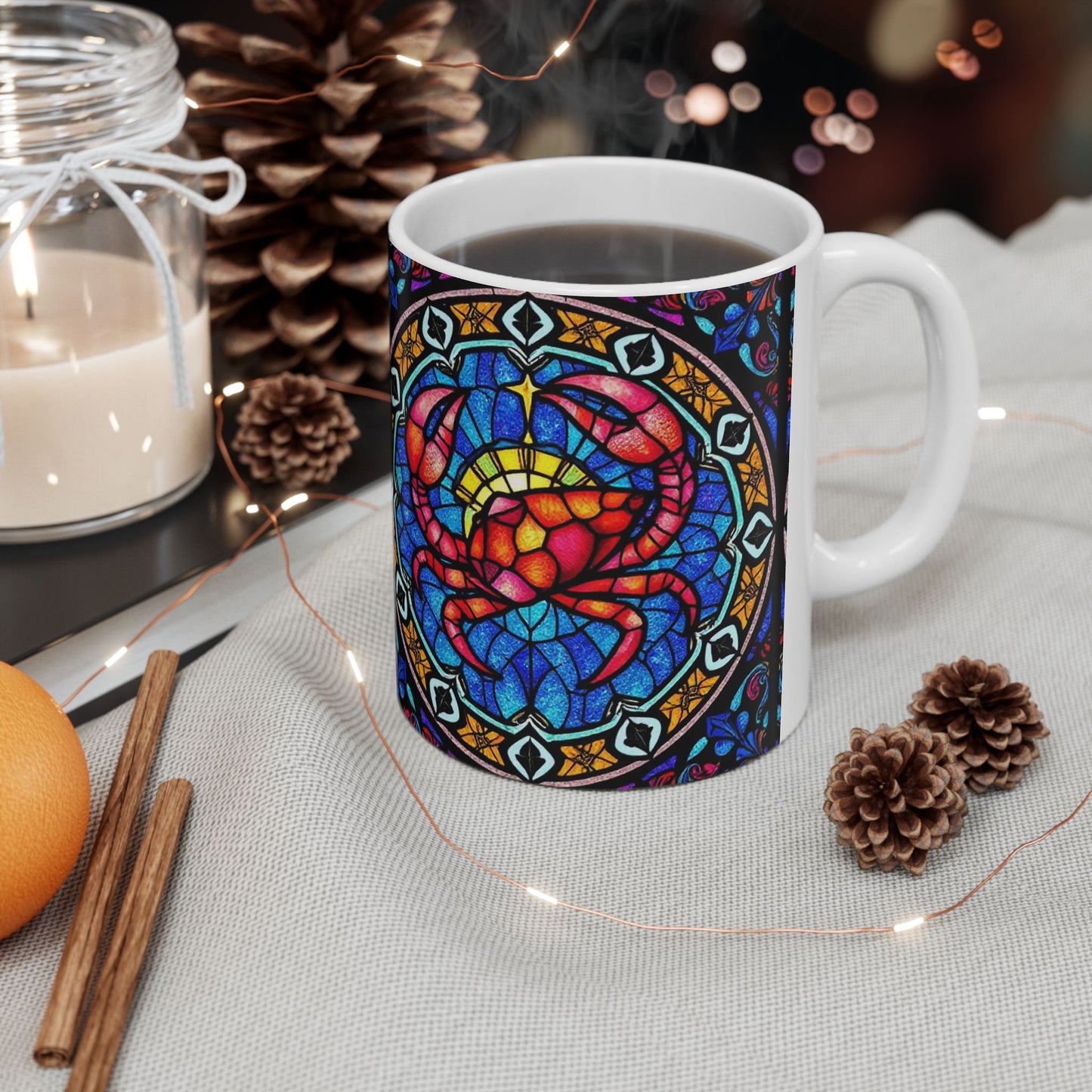 Ceramic Mug, (11oz, 15oz), Ceramic Coffee Mug, AOP, Glass Design, Cancer Zodiac