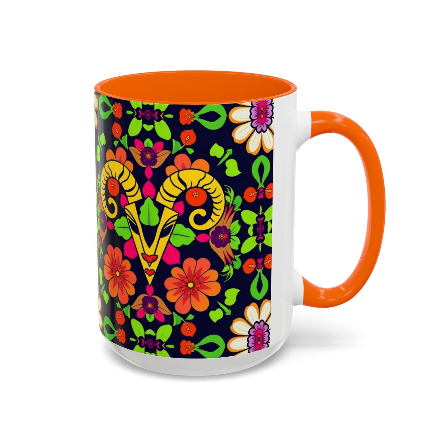 Accent Coffee Mug, Aries, Zodiac v2, Flower Pattern, (11, 15oz)