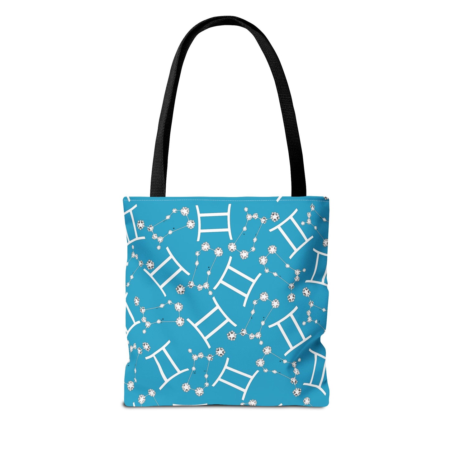 Tote Bag, Gemini Zodiac Sign, AOP, (Turquoise, White Print)