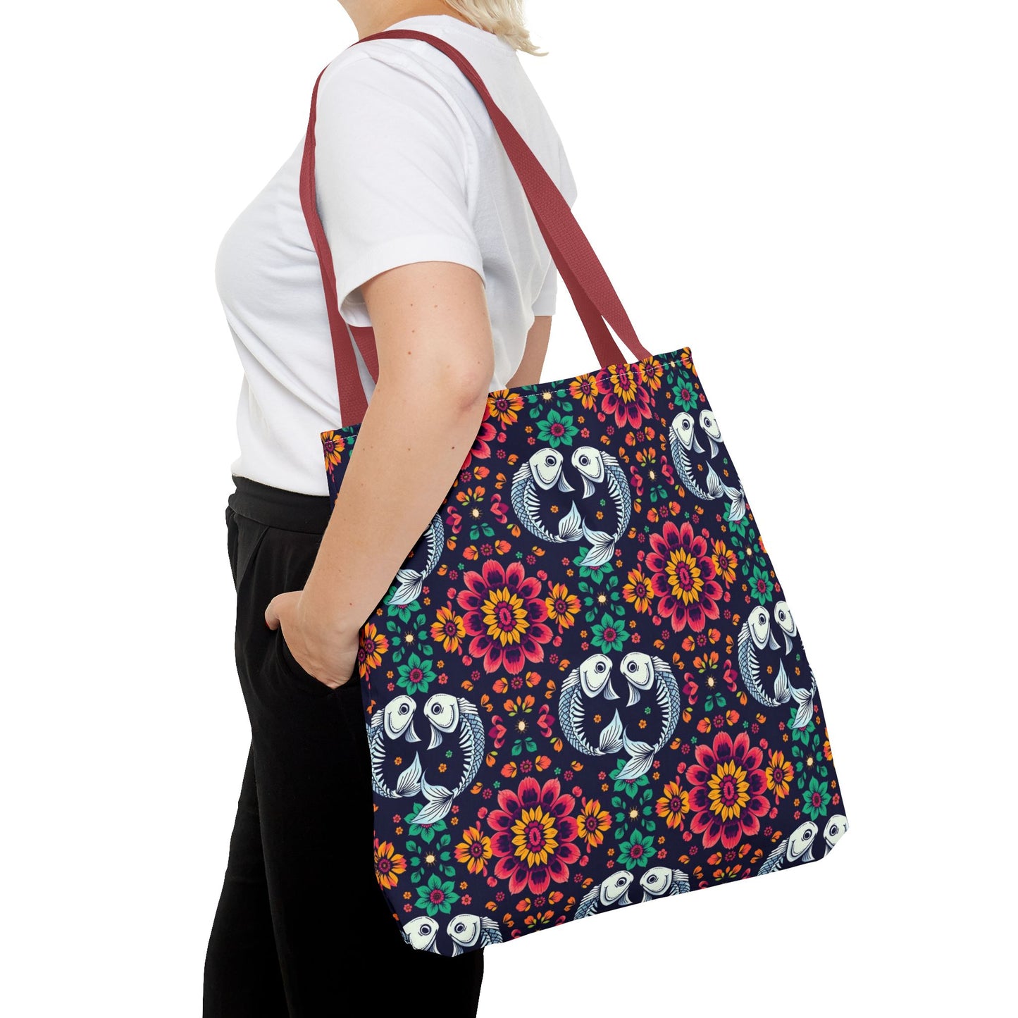 Tote Bag (AOP), Pisces, Zodiac v1, Flower Pattern