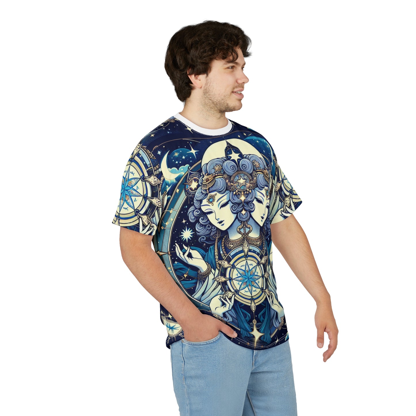 Unisex Cut & Sew T-Shirt (AOP), Twin Heads, Gemini Zodiac Design, Regular fit, 100% Polyester
