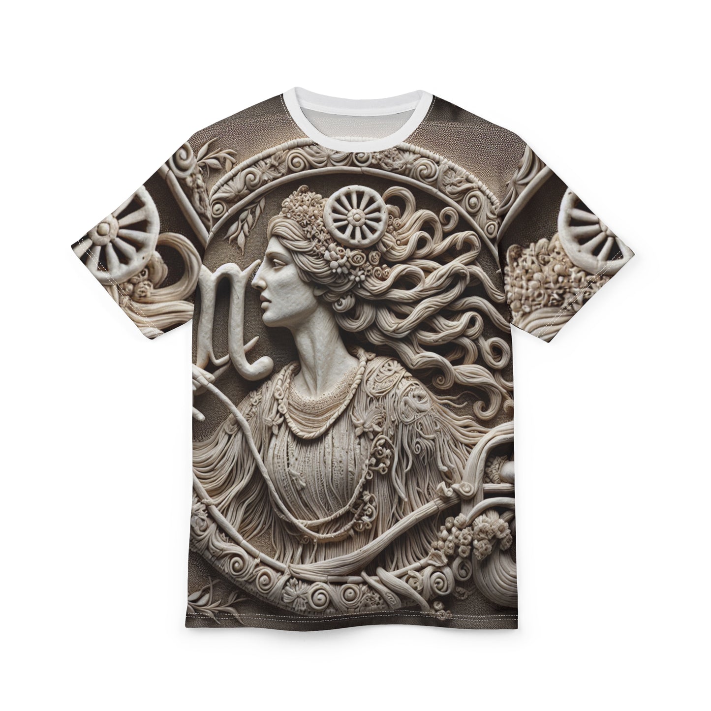 Unisex Cut & Sew T-Shirt (AOP), Lady Stone Carving, Virgo Zodiac Design, Regular fit, 100% Polyester