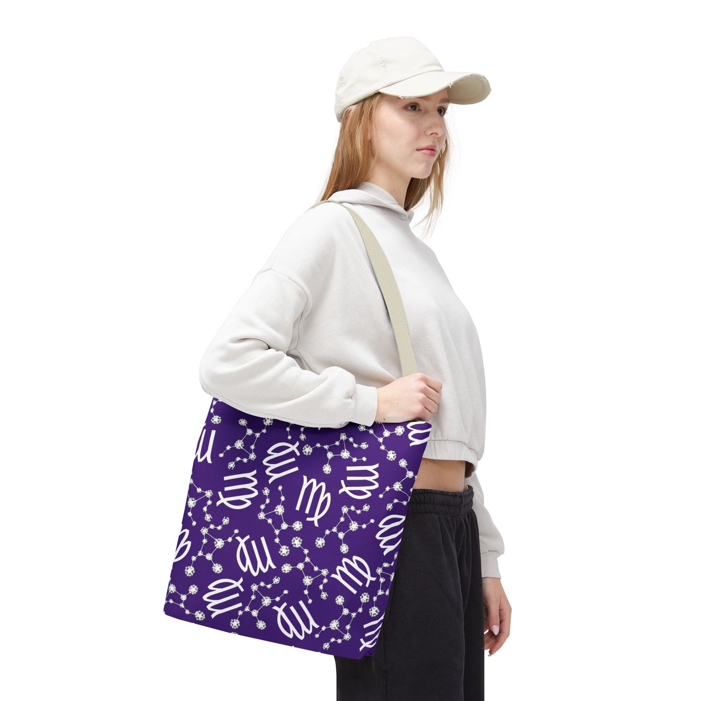 Tote Bag, Virgo Zodiac Sign, AOP, (Purple, White)