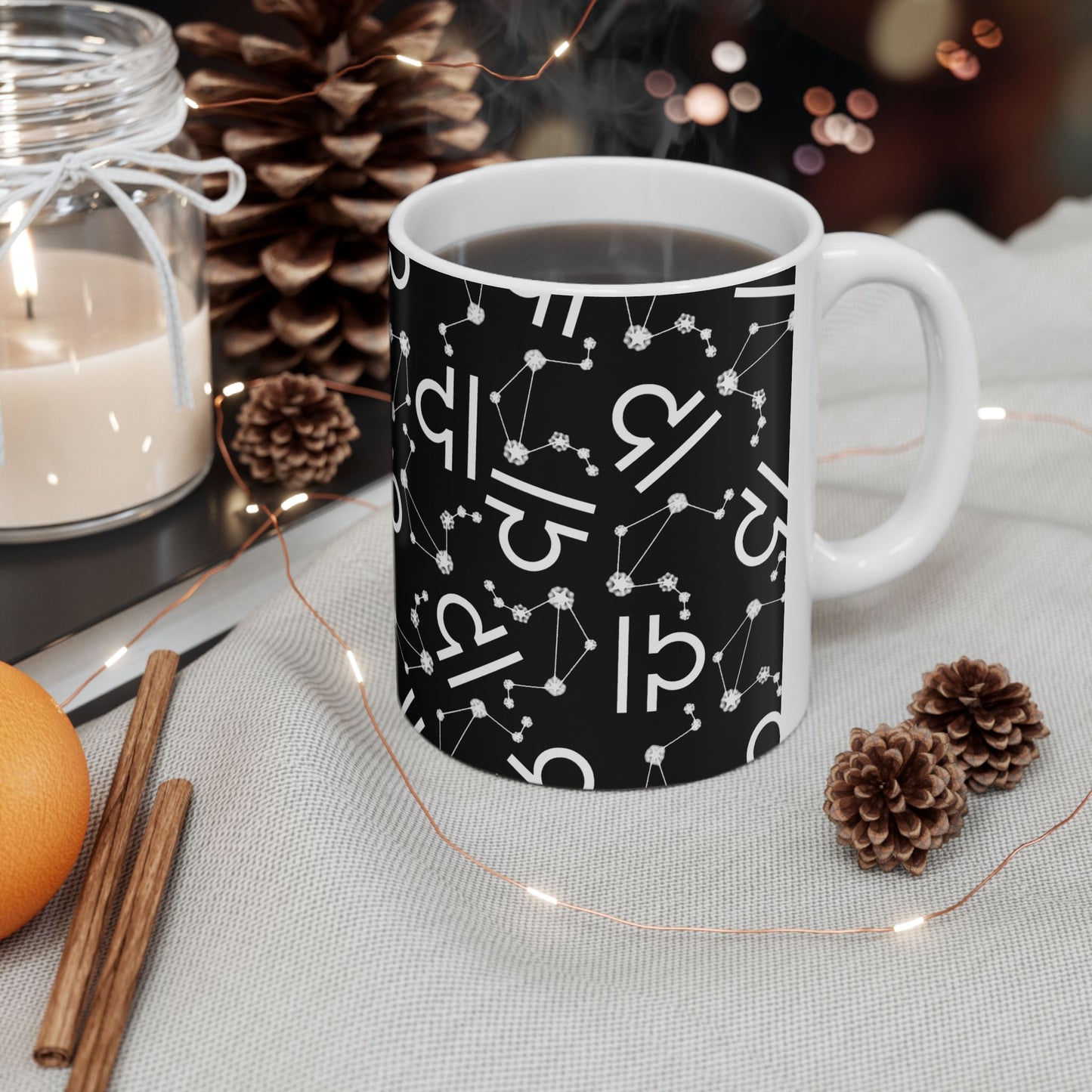 Ceramic Mug, (11oz, 15oz), Ceramic Coffee Mug, Black AOP, Libra Zodiac Design