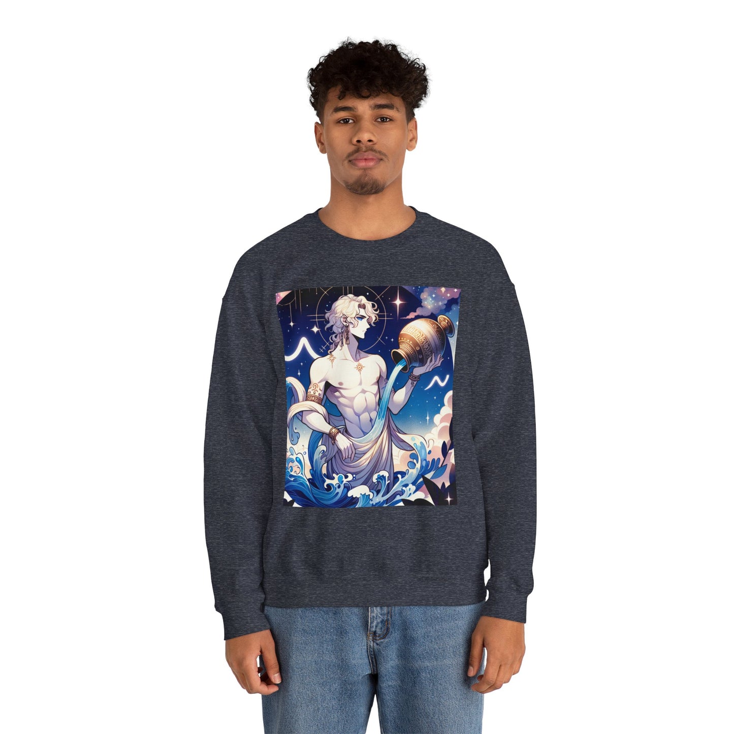 Unisex Heavy Blend™ Crewneck Sweatshirt, Anime Aqua God, Aquarius Zodiac Design
