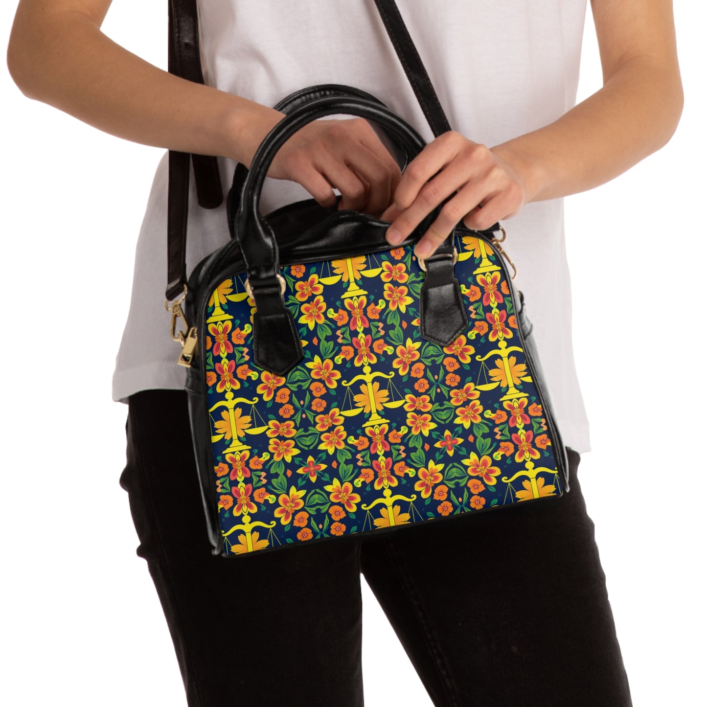 Shoulder Handbag, Libra, Zodiac v2, Flower Pattern