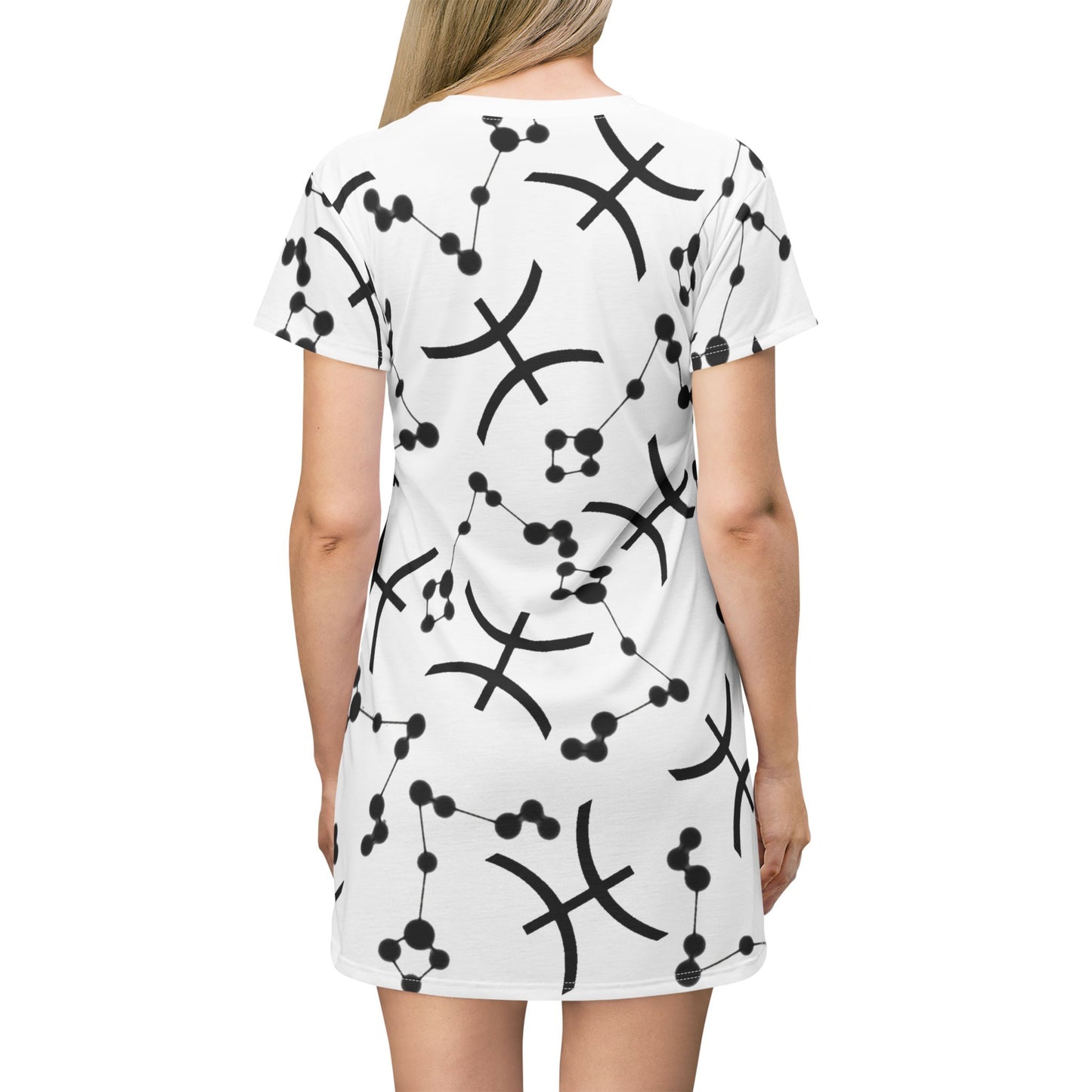 T-Shirt Dress (AOP), 100% Polyester, White thread color, Pisces Zodiac design