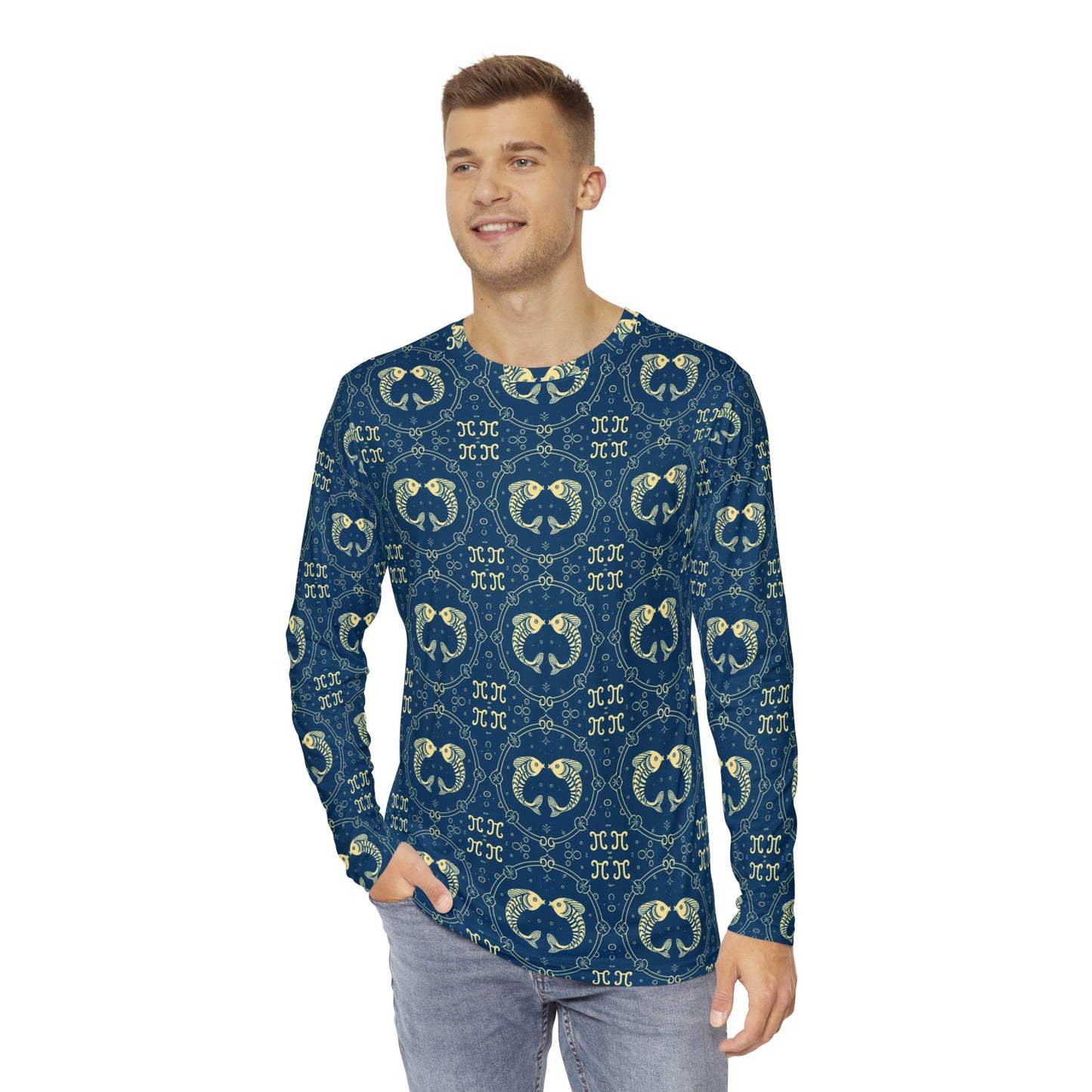 Men's Long Sleeve Shirt, (AOP), Pisces, Zodiac v4, Pattern