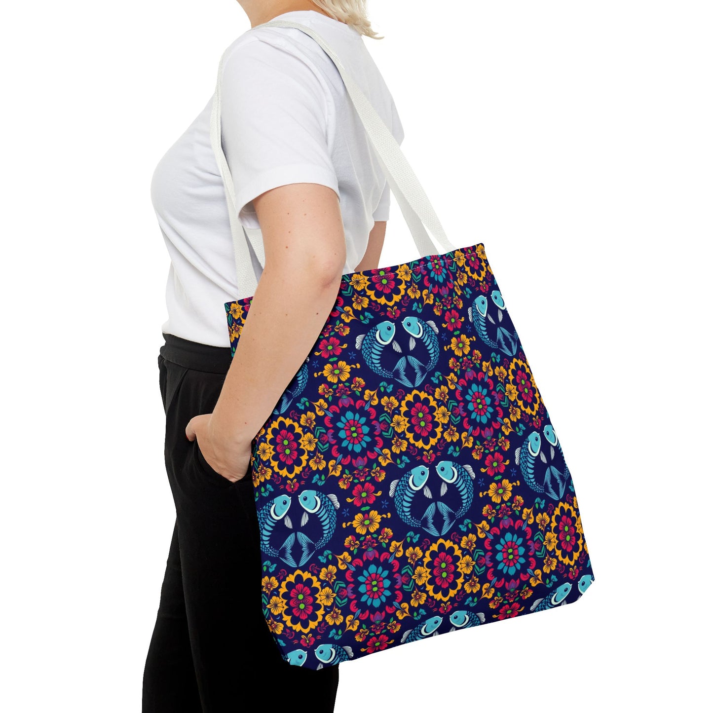 Tote Bag, (AOP), Pisces, Zodiac v3, Flower Pattern