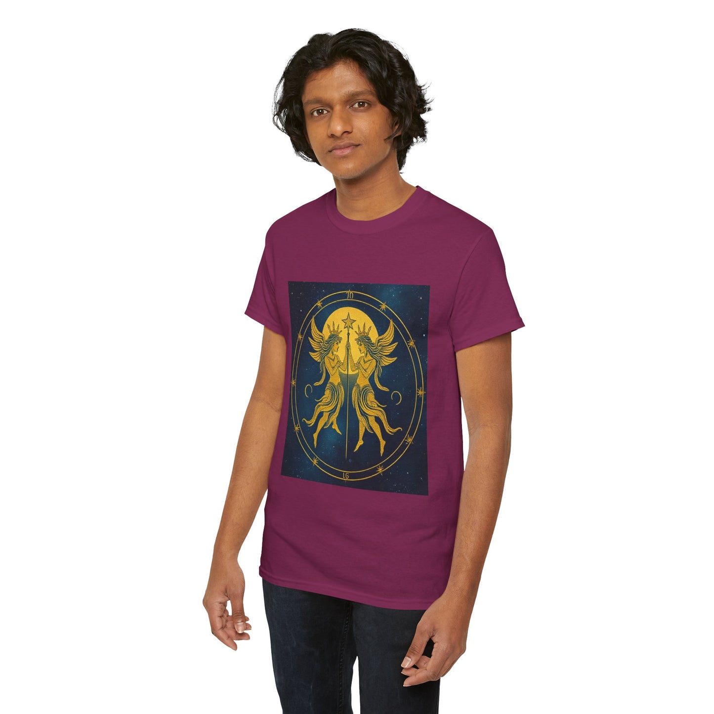 Unisex Heavy Cotton T-Shirt, Space Twins v3, Gemini Zodiac Design