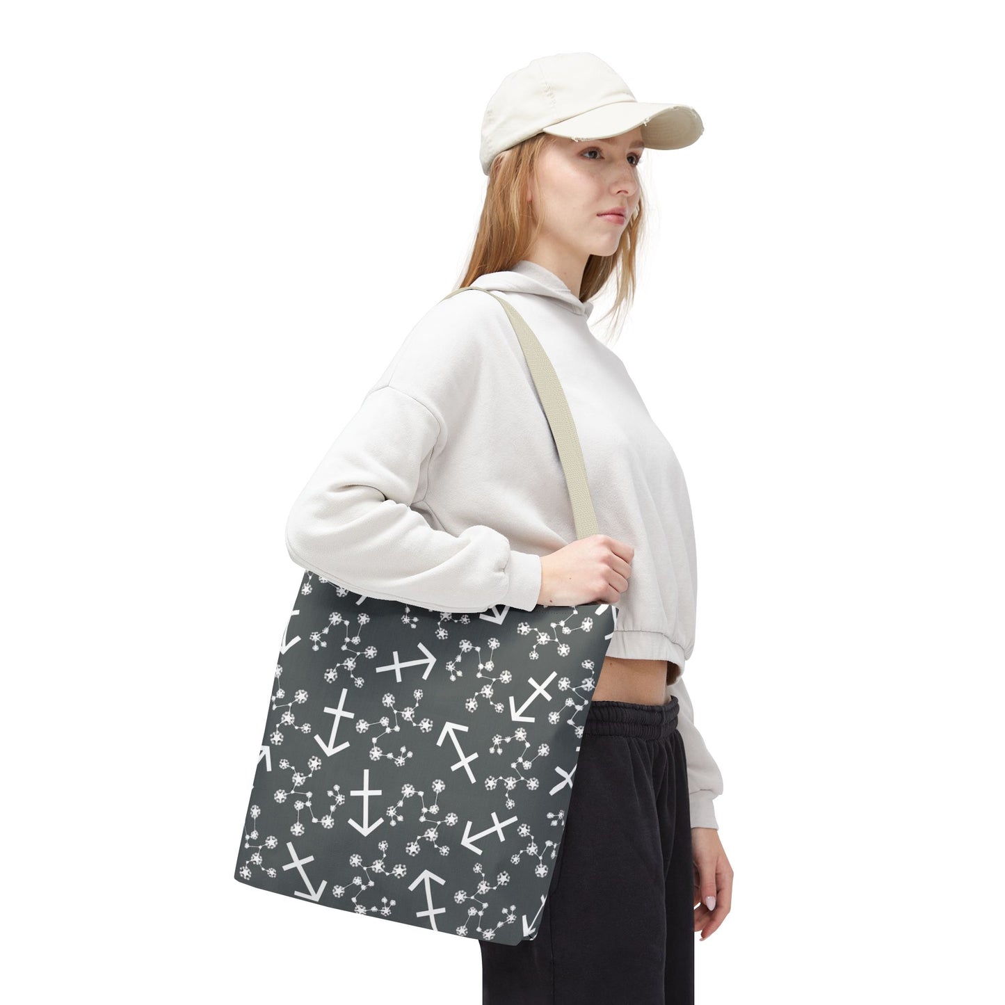 Tote Bag, Sagittarius Zodiac Sign, AOP, (Grey, White Print)