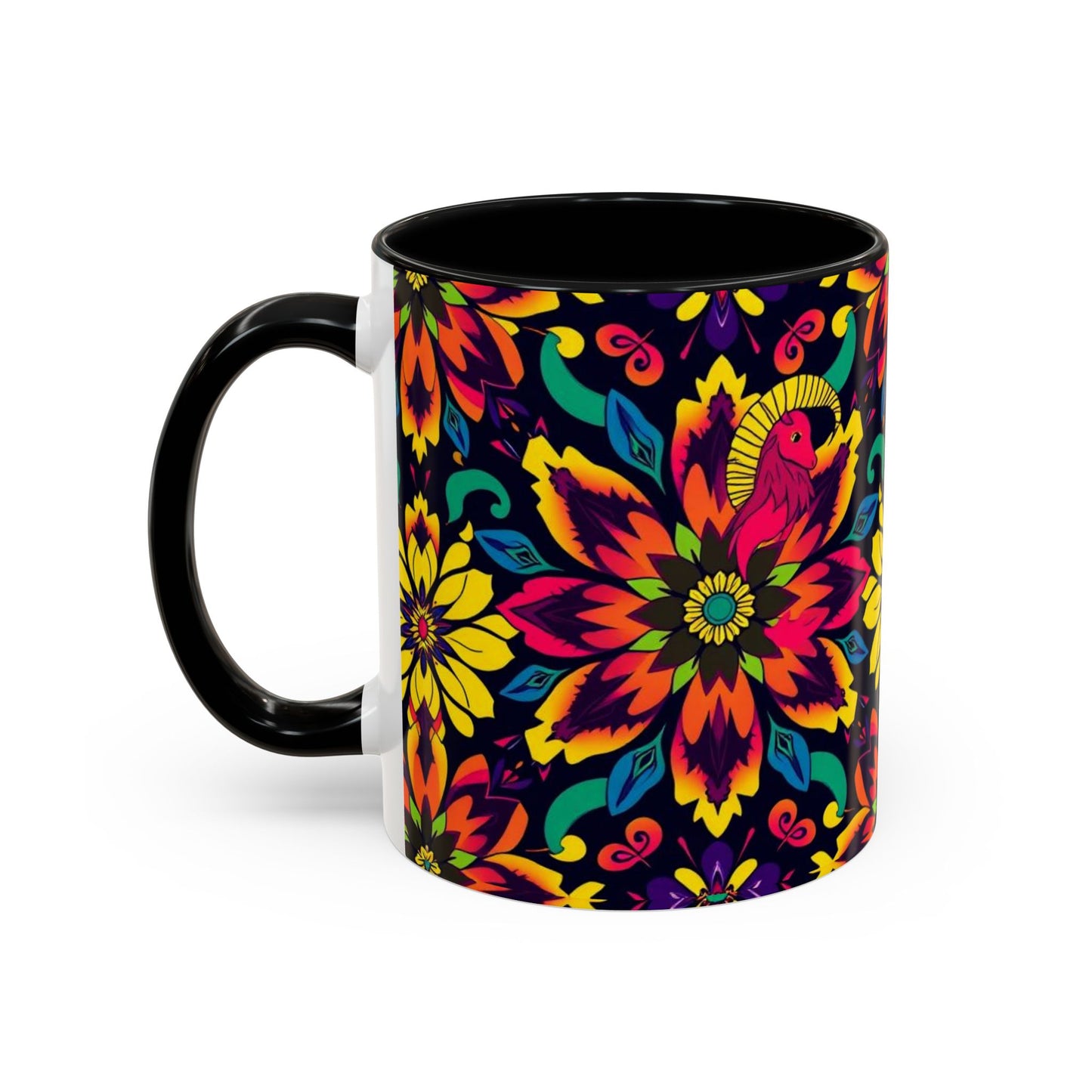 Accent Coffee Mug, Capricorn, Zodiac v4, Flower Pattern, (11, 15oz)