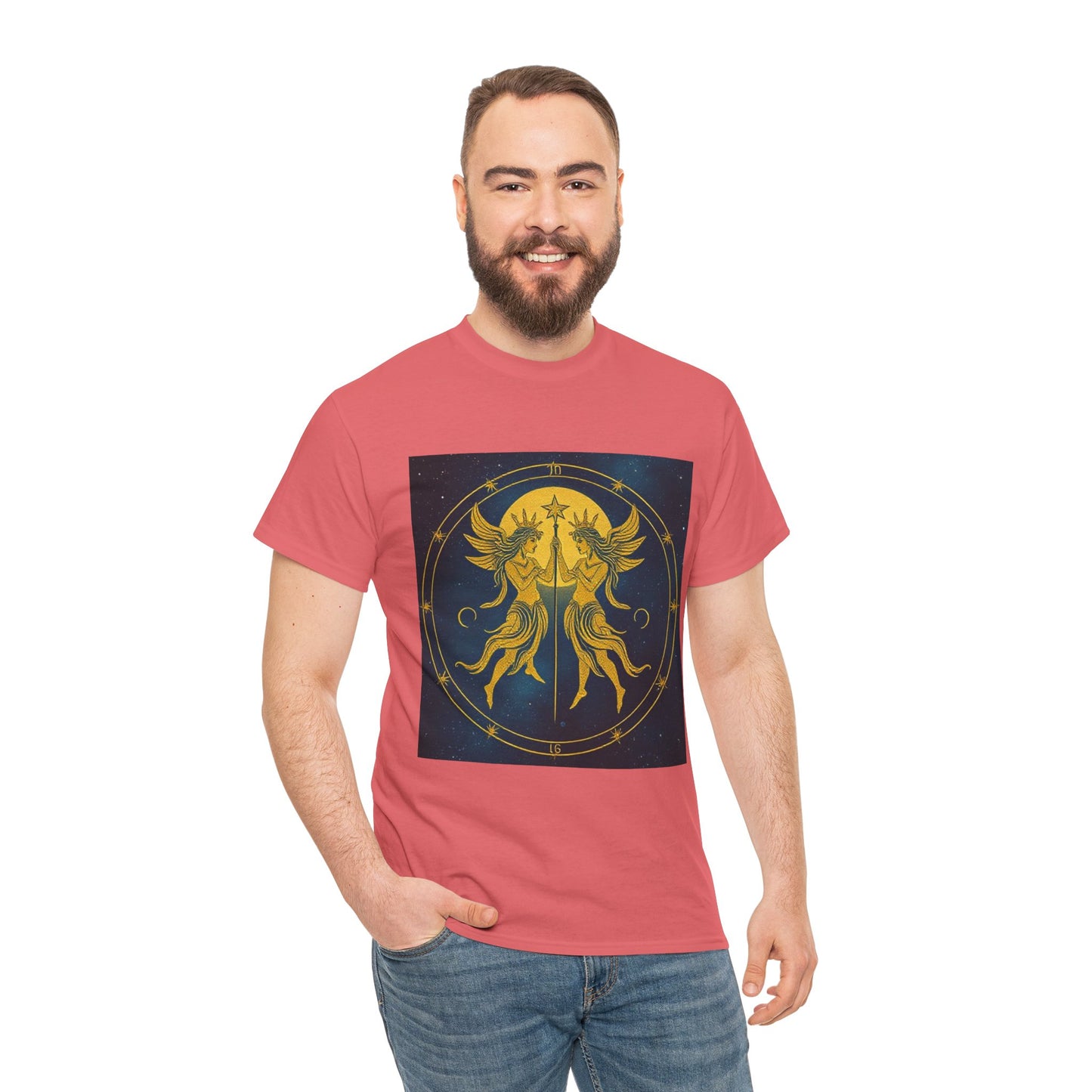 Unisex Heavy Cotton T-Shirt, Space Angel Twins v4, Gemini Zodiac Design
