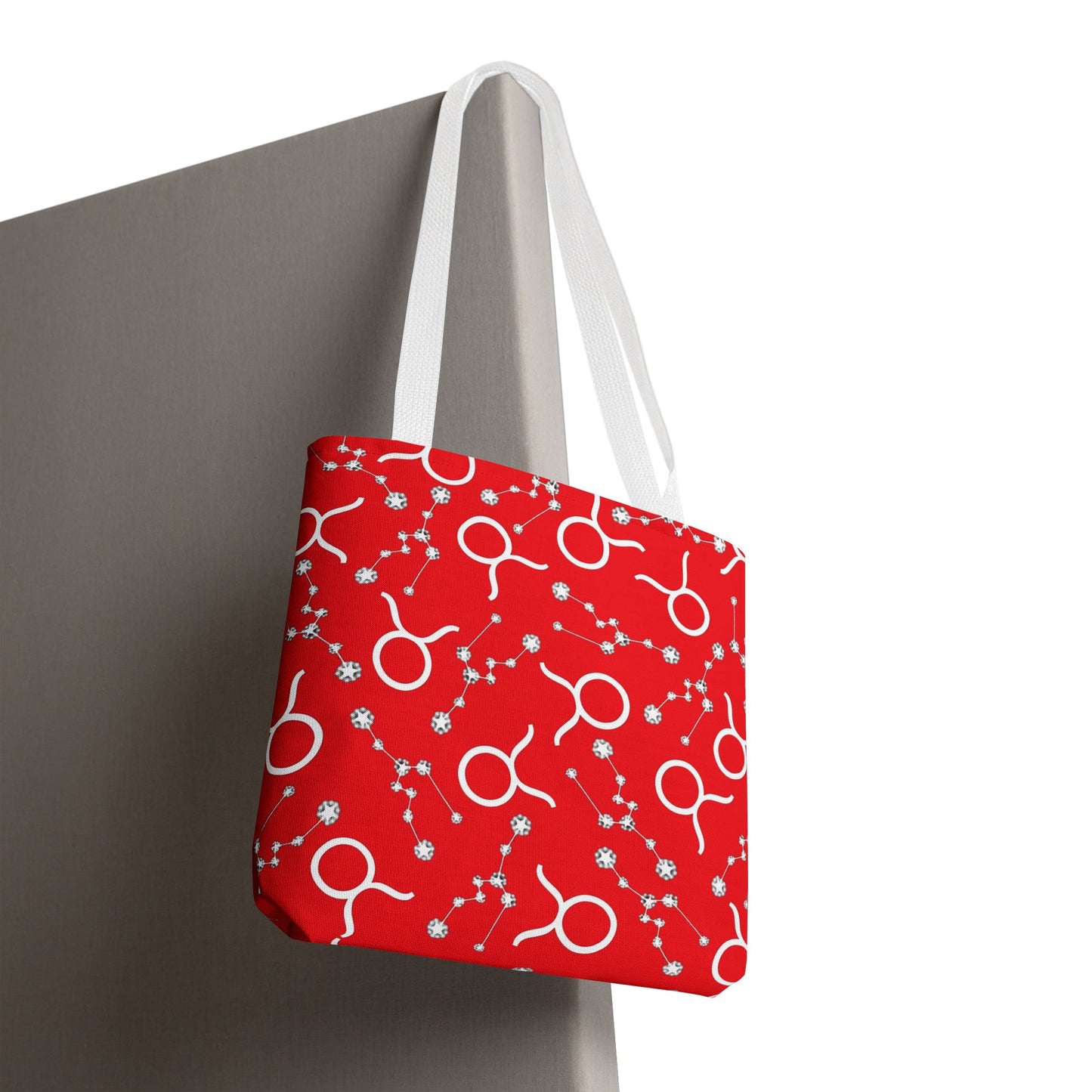 Tote Bag, Taurus Zodiac Sign, AOP, (Red, White)