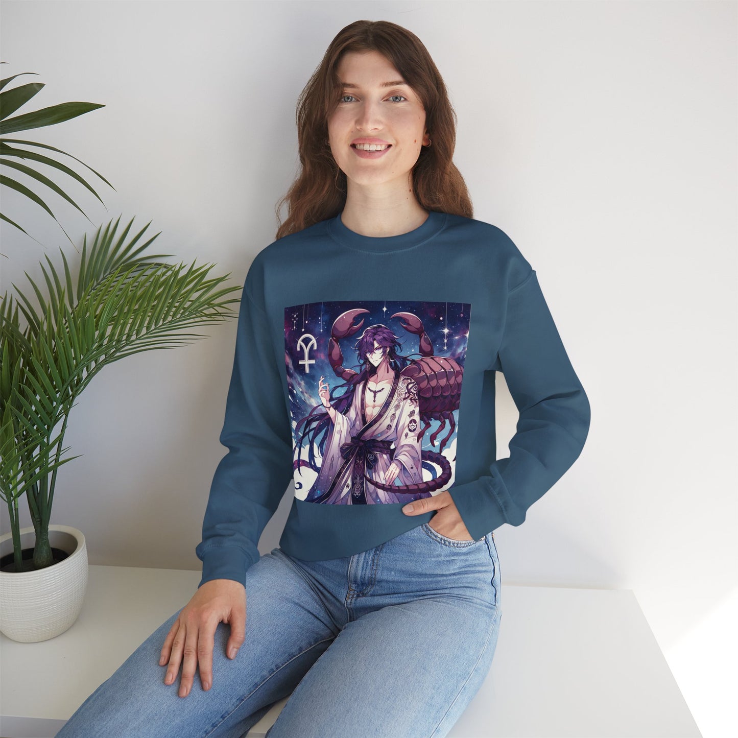 Unisex Heavy Blend™ Crewneck Sweatshirt, Scorpio Zodiac Design, purple scorpion anime