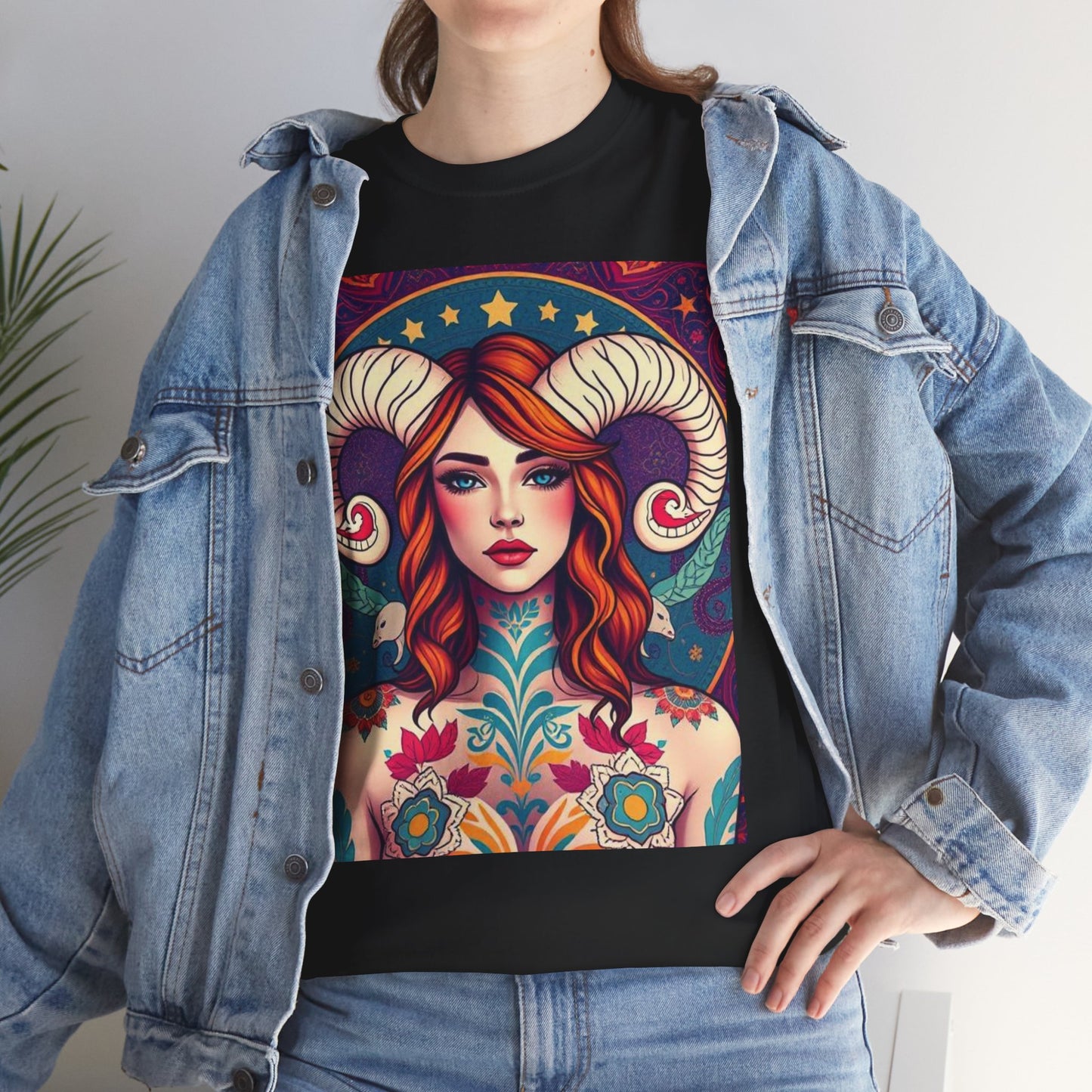 Unisex Heavy Cotton T-Shirt, Aries, Zodiac v1, Sexy Art