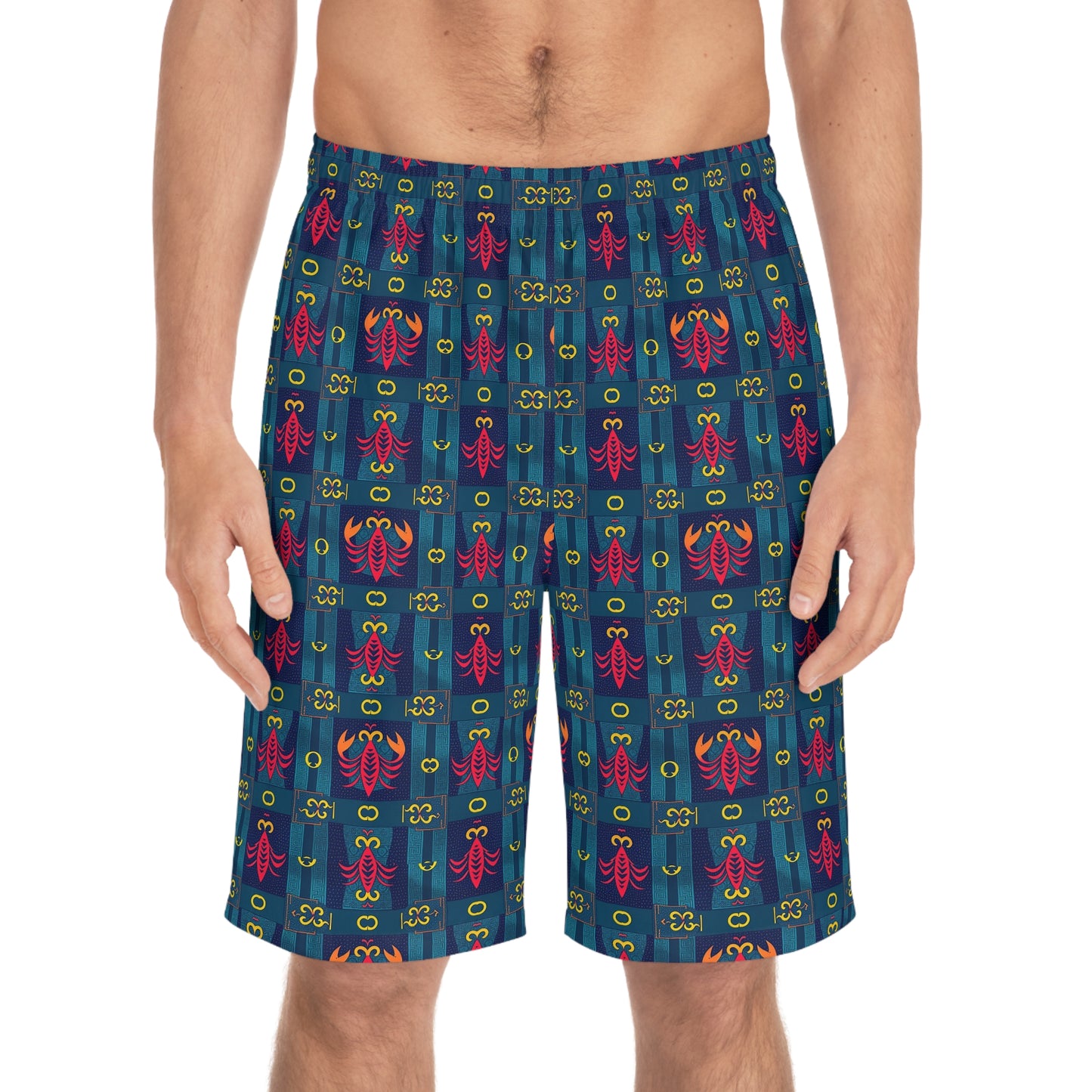 Men's Board Shorts, (AOP), Scorpio, Zodiac v1, Shape Pattern